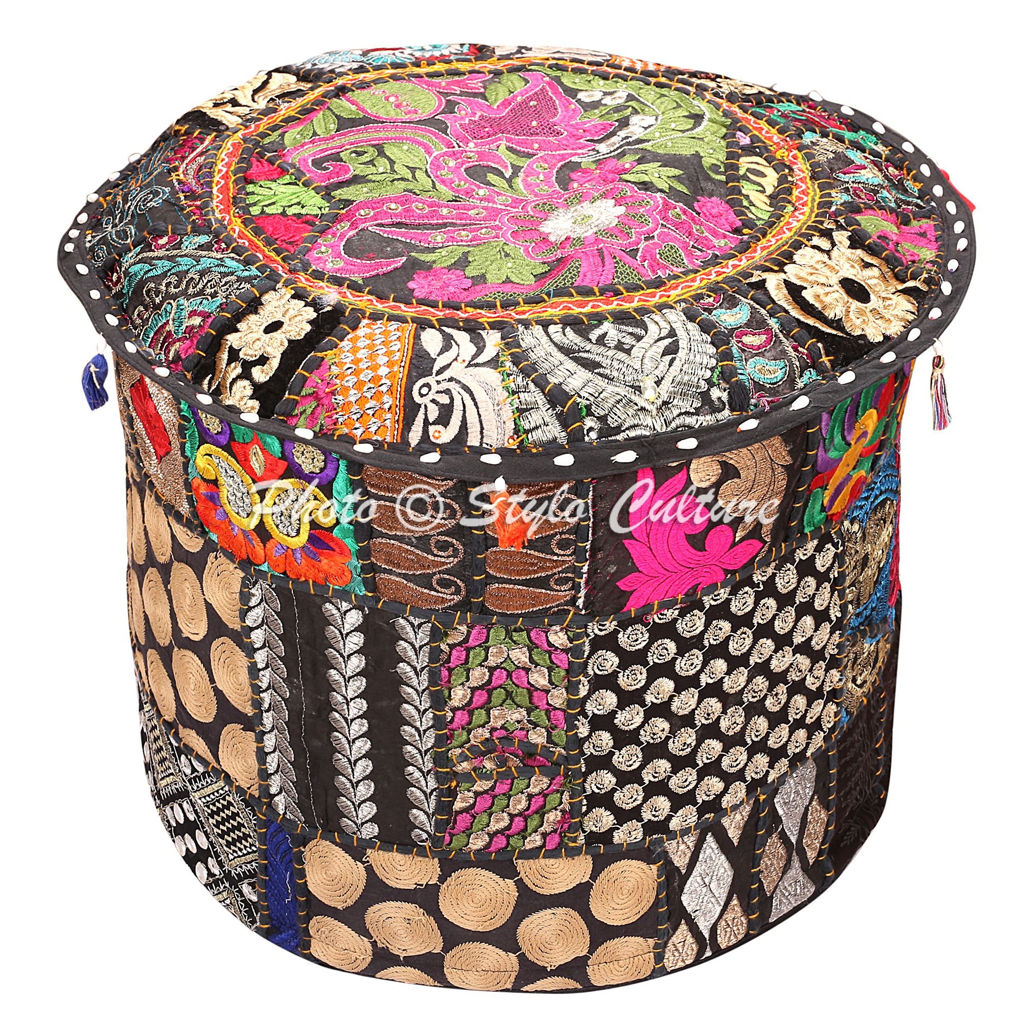 Stylo Culture Ottoman Pouffe Seat Ottoman Cover Black Ethnic Embroidered Patchwork Cotton Traditional Round Fabric Ottoman Pouf Cover (16x16x13 Inch) 40cm (COVER ONLY)