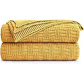 Cotton Mustard Yellow Knit Throw Blanket for Couch Sofa Beach Chair Bed Home Decorative Soft Warm Cozy Cable Lightweight Knitted Blankets,50 x 60 Inch, 2.2 Pounds