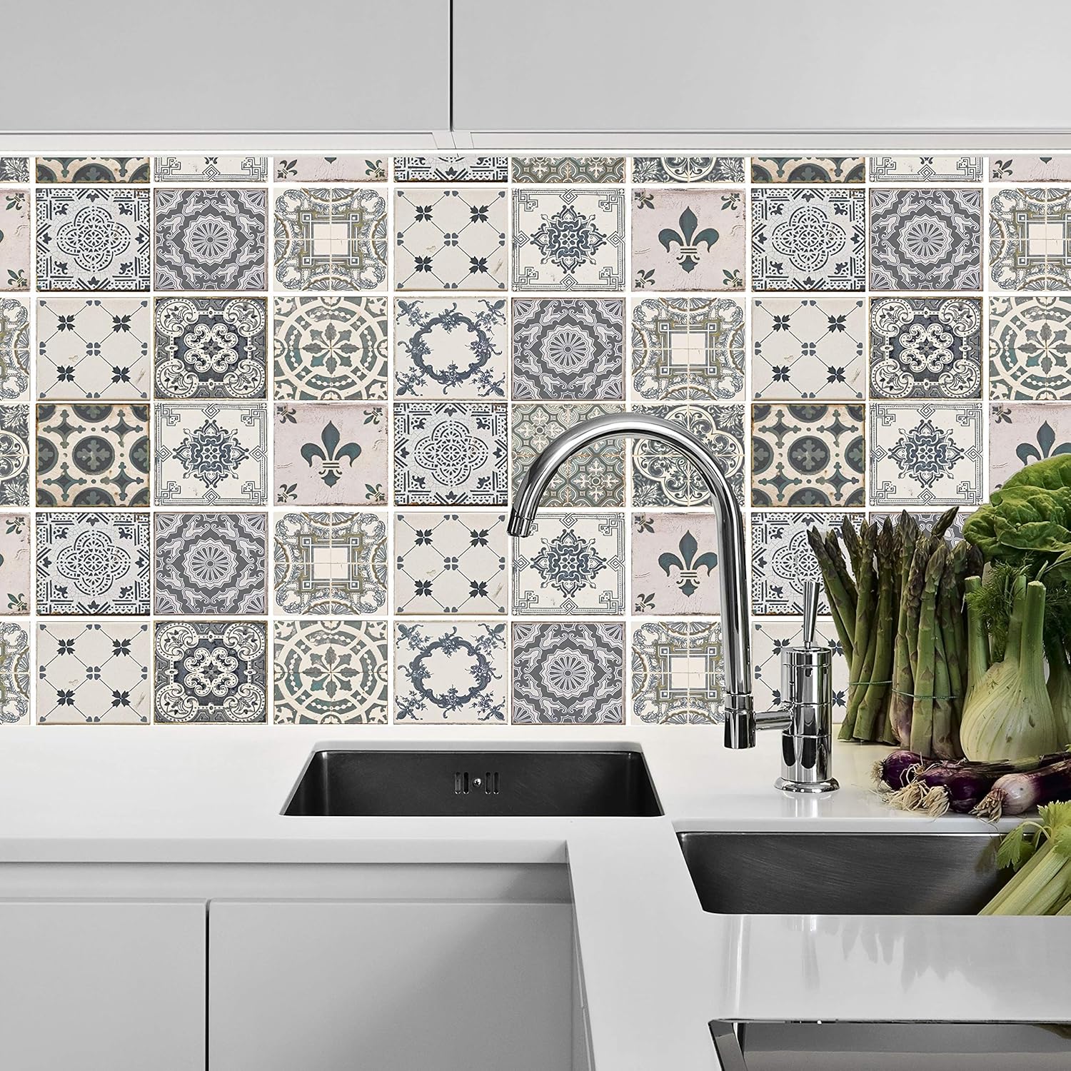 WALPLUS 120 pcs 15cm (6") Vintage Blue Tile Stickers Peel and Stick Self-Adhesive Vinyl Wall Tiles for Kitchen Bathroom Bedroom Backsplash DIY Home Décor - Image 3