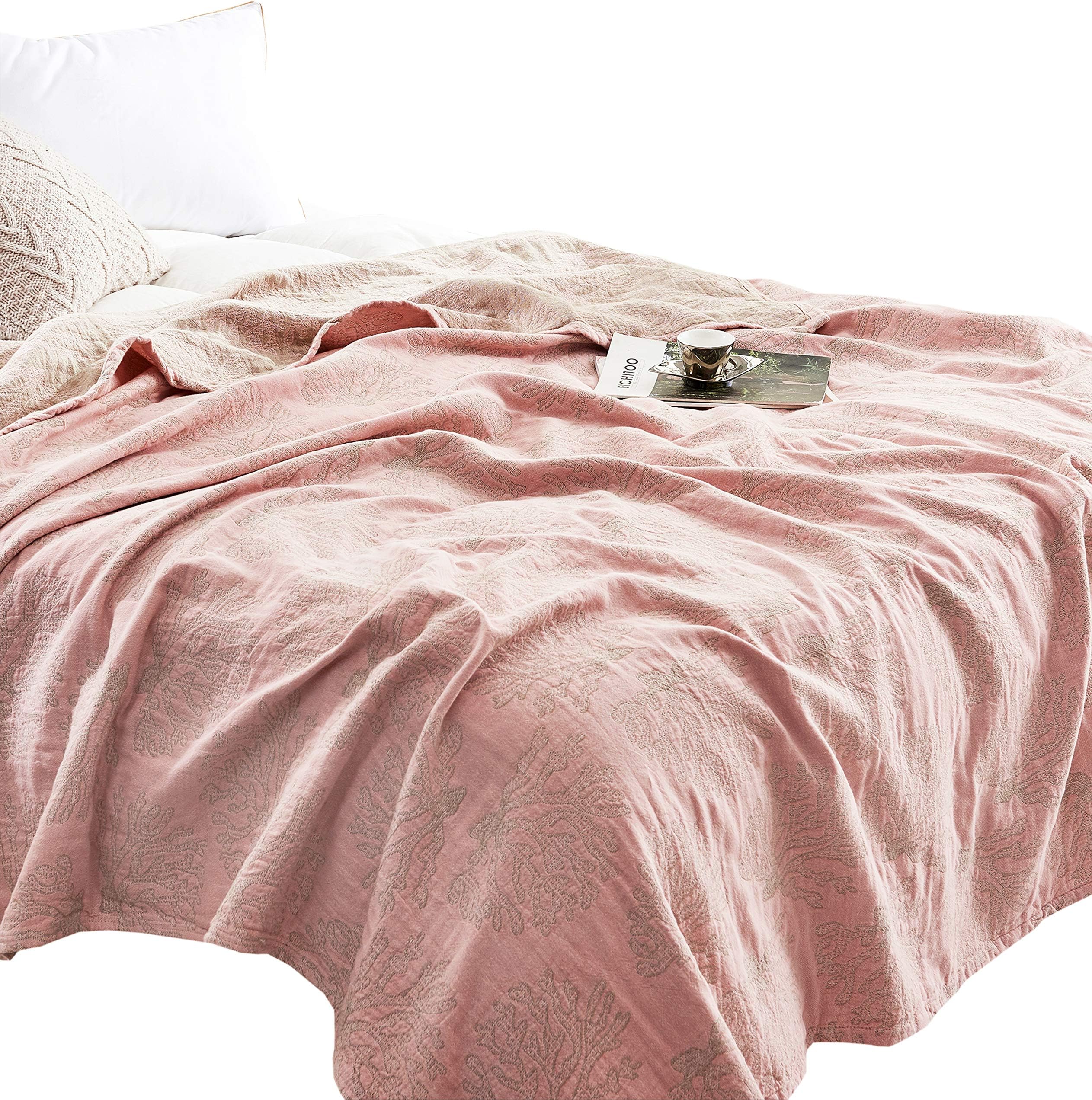MEJU Coral Muslin Lightweight Summer Blanket for Bed Sofa Couch, 100% Combed Cotton 3 Layer Soft Warm Quick Dry Throw Blanket Bed Coverlet Sheet (Coral Pink, F/Q 78" X 90")