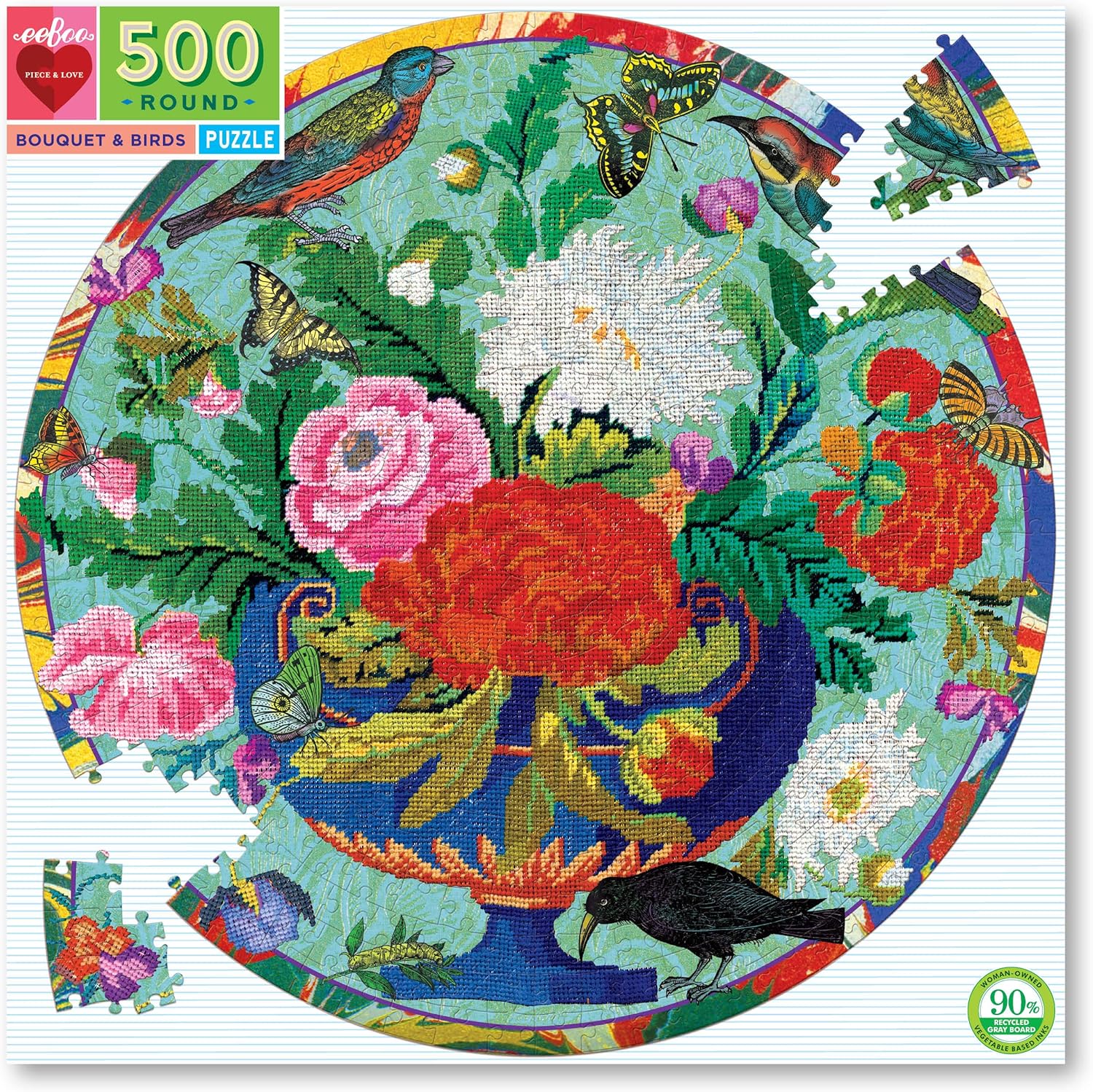 eeBoo Bouquet and Birds Round Jigsaw Puzzle for Adults, 500