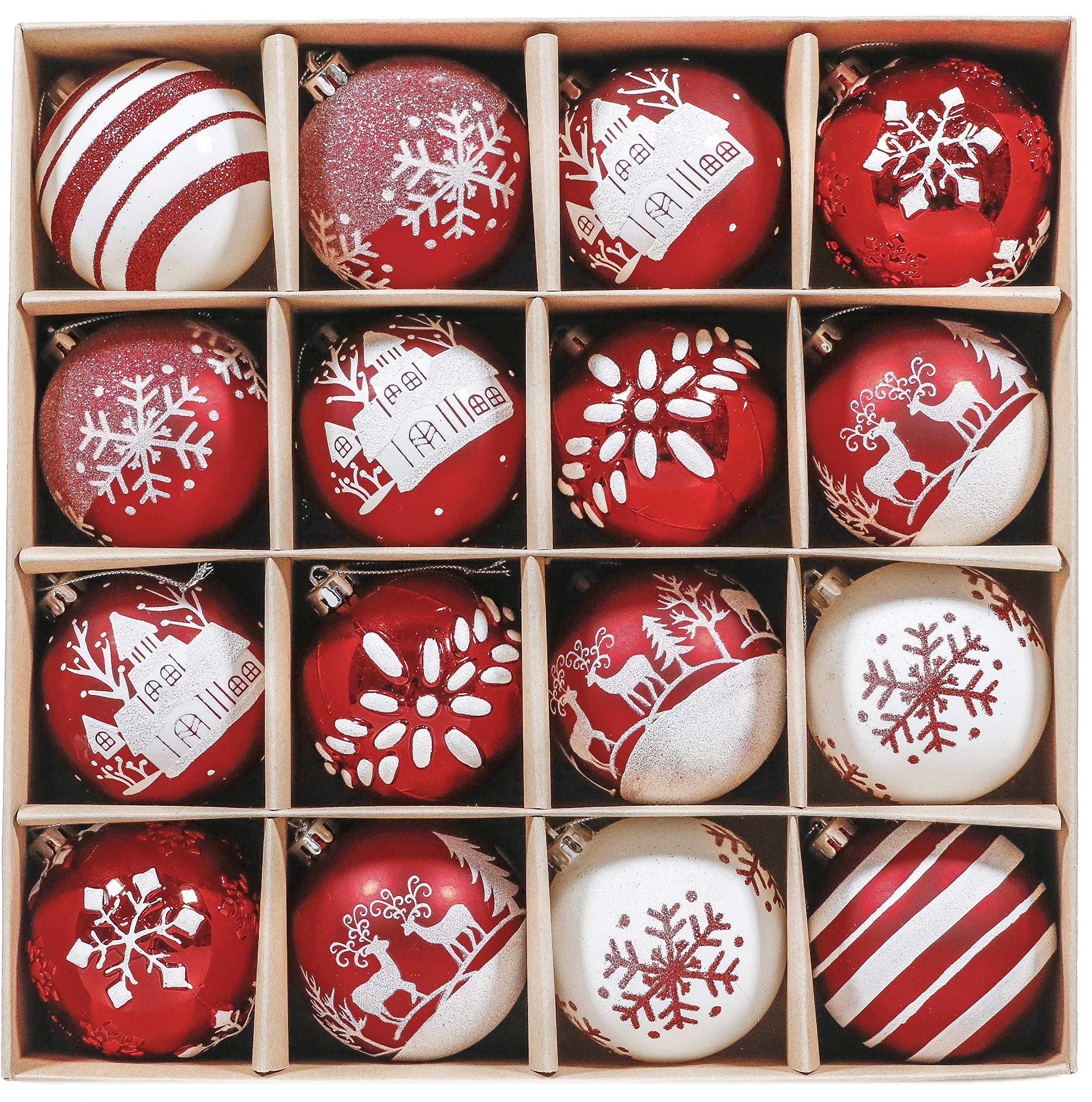 Valery Madelyn Christmas Baubles for Tree Decorations, 16pcs 8cm Red and White Shatterproof Giant Baubles for Xmas Ornaments