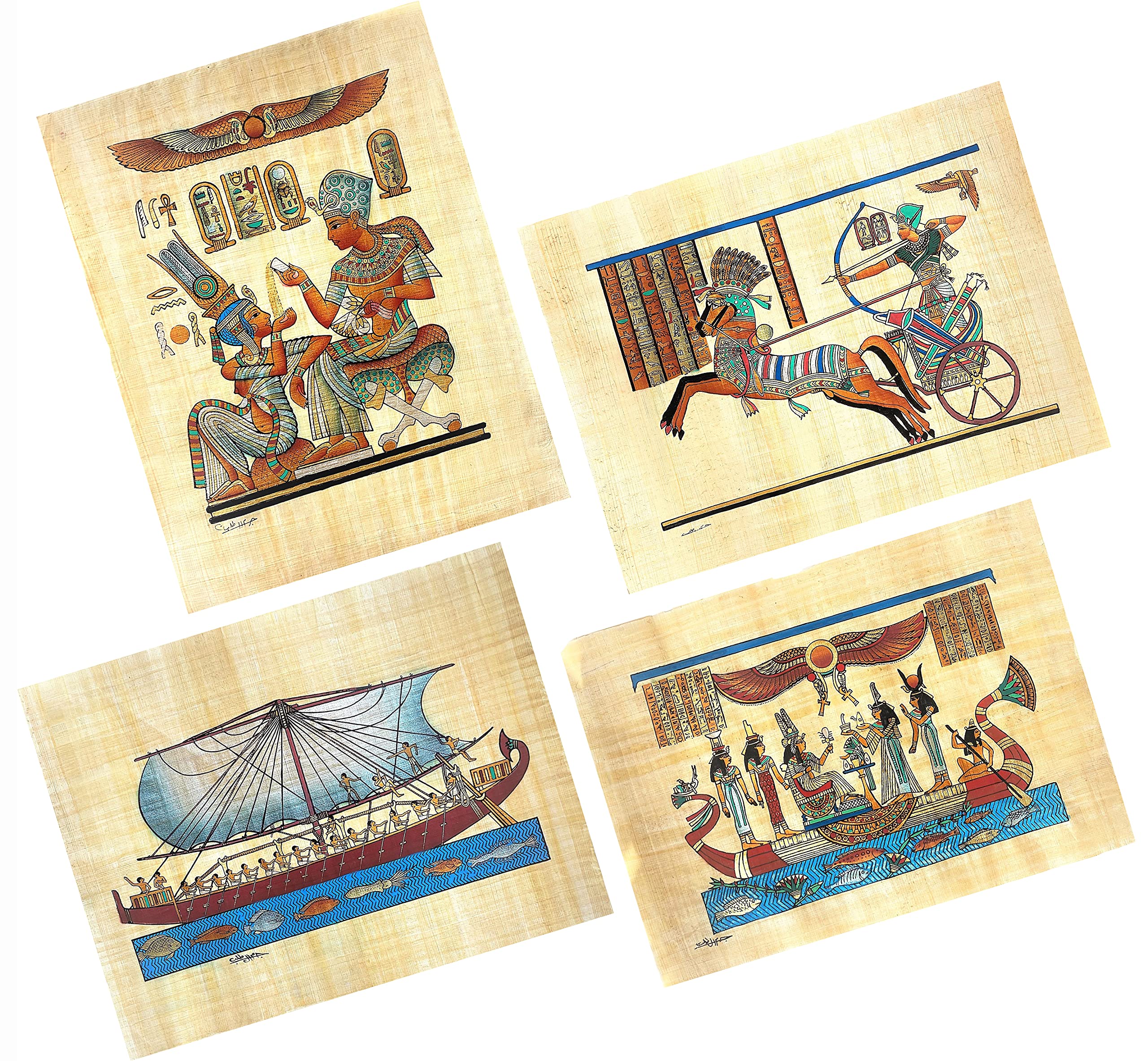 NileCart Collection of 4 Hand Painted Egyptian Papyrus Paintings, Size 13x17 in, Modern Traditional Style, Unframed, Indoor Use, Perfect for Bedroom, Living Room, Office. (life scenes 2 Collection).