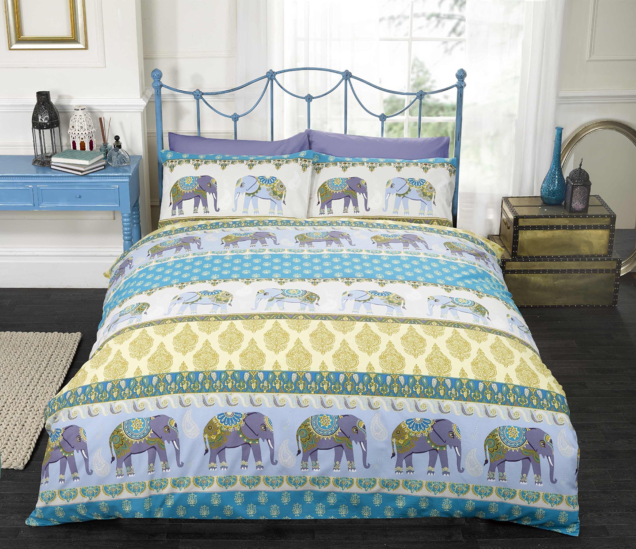 elinens Jaipur Duvet Cover Set Indian Elephant Design Blue King Size 230cm x 220cm
