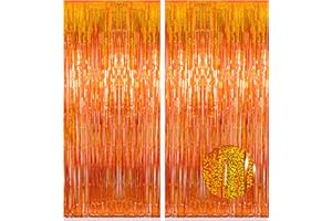 Melsan Orange Tinsel Backdrop Curtains, 3.2ft x 8.2ft Sparkle Metallic Foil Fringe Curtain for Basketball Thanksgiving Halloween Birthday Party Decorations, 2 Packs