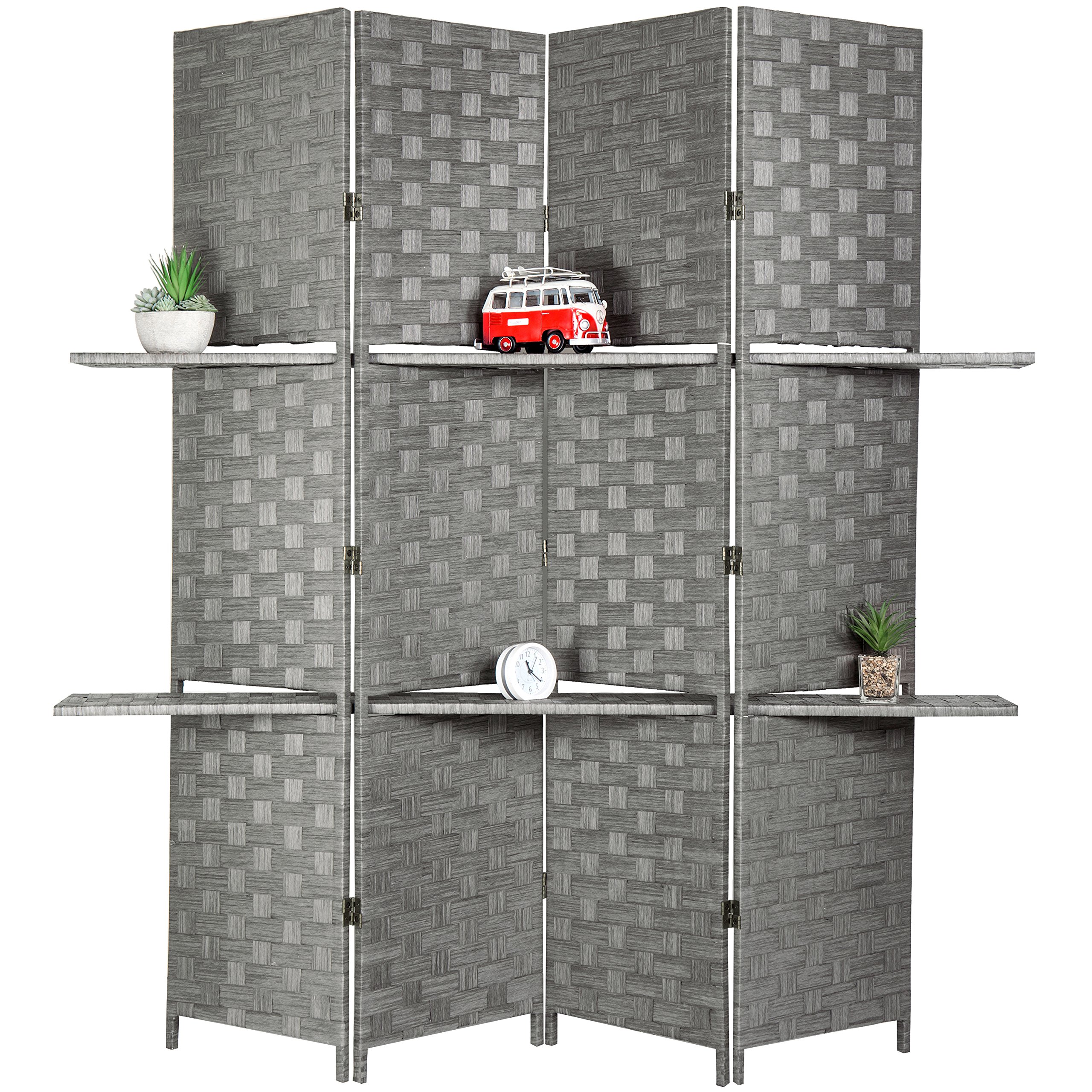 MyGift Decorative Hand Woven Bamboo 4-Panel Room Divider with 2 Tier Display Shelves & 2-Way Hinges, Gray