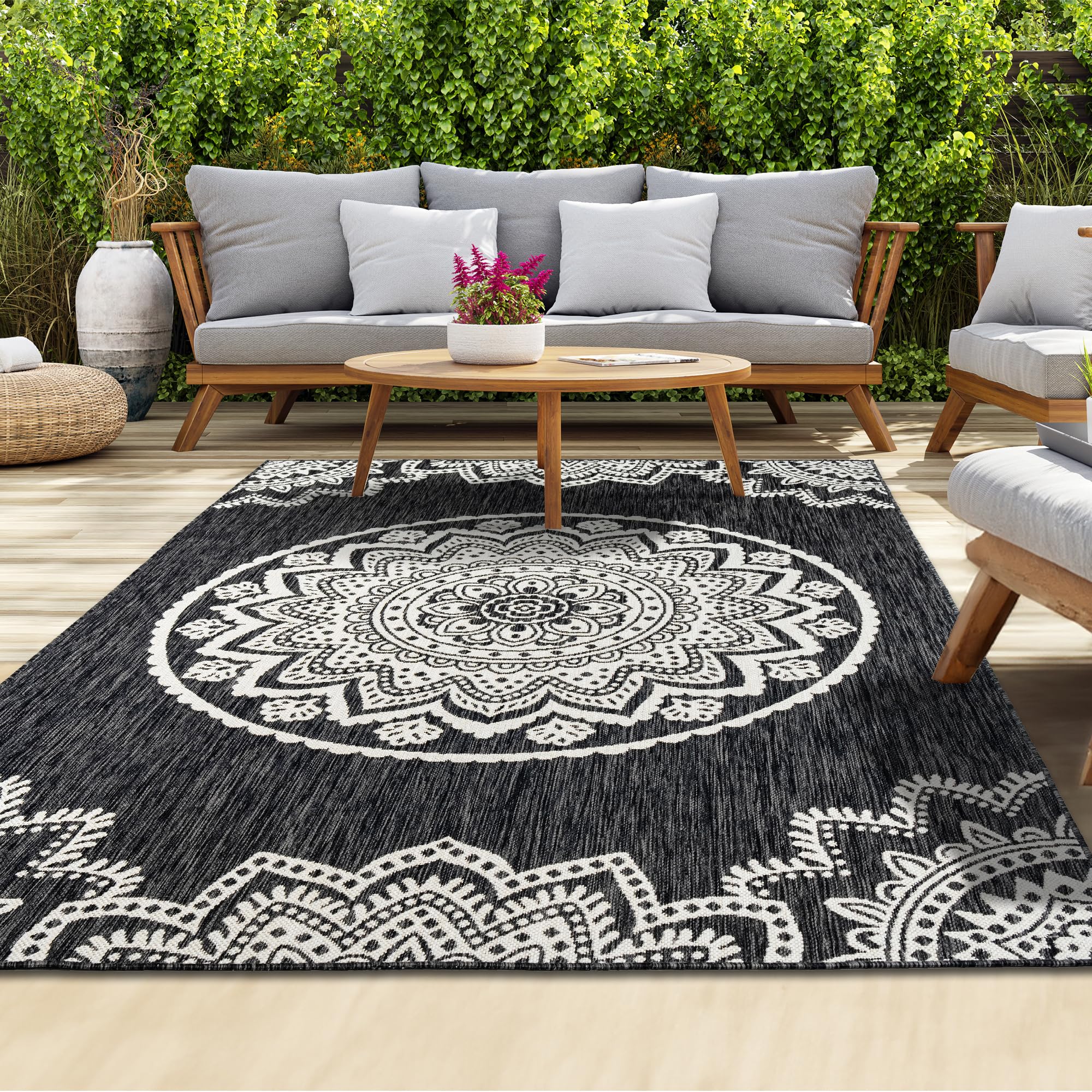 homeart Outdoor Rug - Easy-Clean, Durable, Stain-Resistant, Weather & UV Resistant Indoor & Outdoor Rugs for Porch, Deck, Balcony, Garden, Picnic and Patio | Mandala Black, Cream - 120x170cm