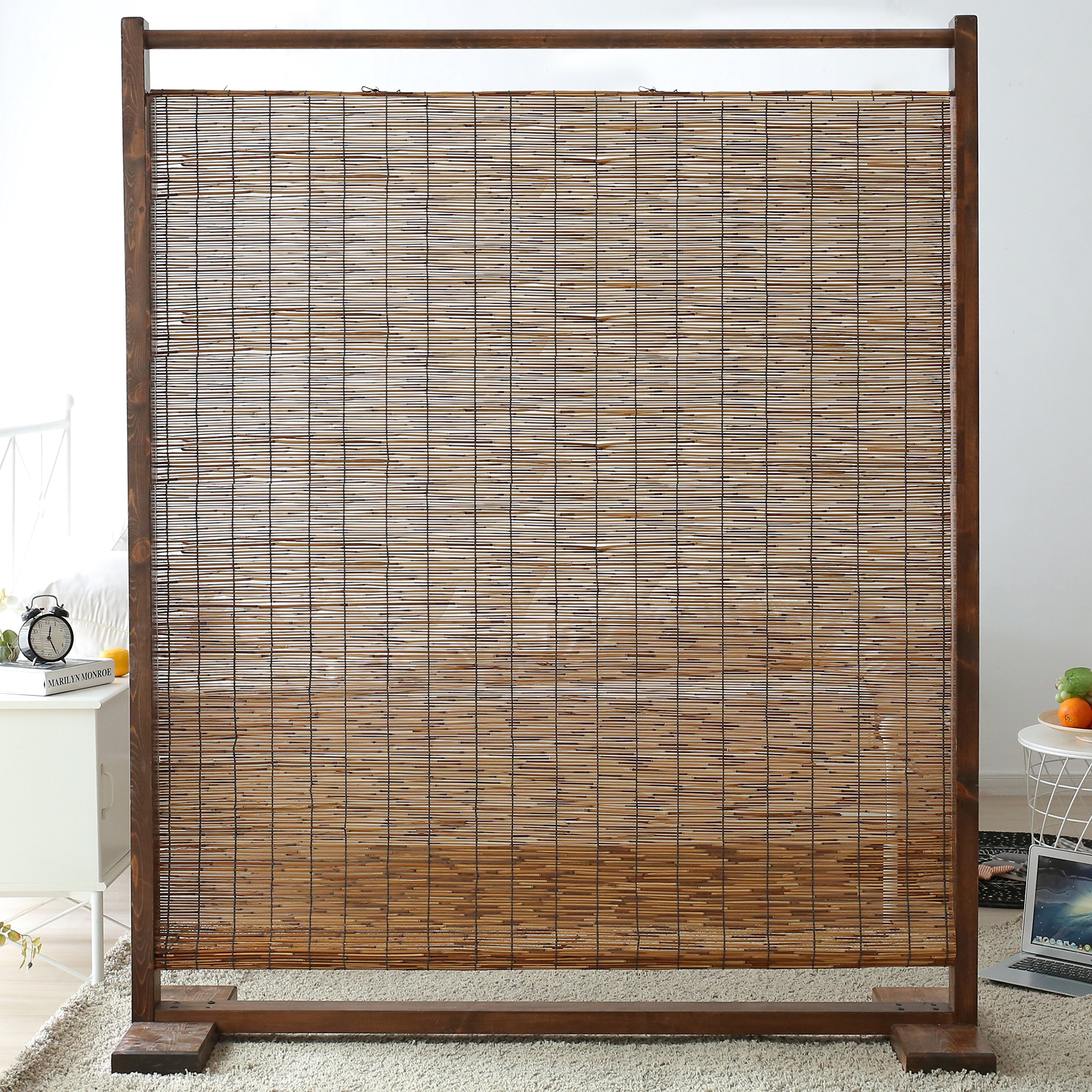 MyGift Rustic Style Dark Brown Wood and Reed Single Panel Privacy