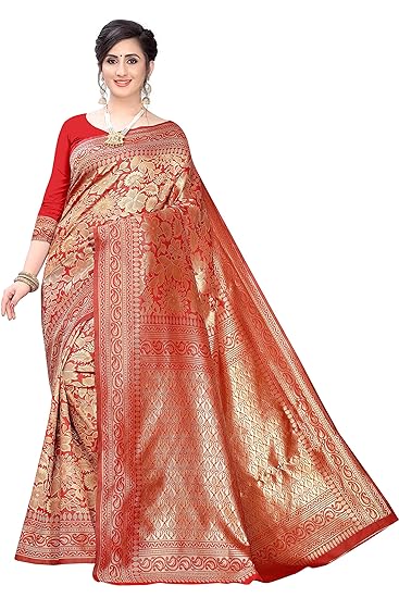 Leeza Store Red Banarasi Silk Jacquard Saree With Blouse Piece for Women