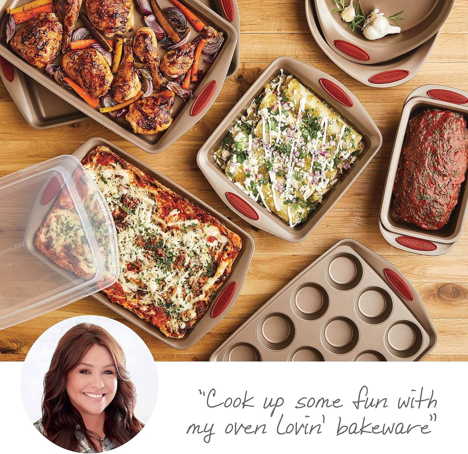 Rachael Ray 52410 Cucina Nonstick Bakeware Set with Baking Pans, Baking Sheets, Cookie Sheets, Cake Pan, Muffin Pan and Bread Pan - 10 Piece, Latte Brown with Cranberry Red Grip: Kitchen & Dining