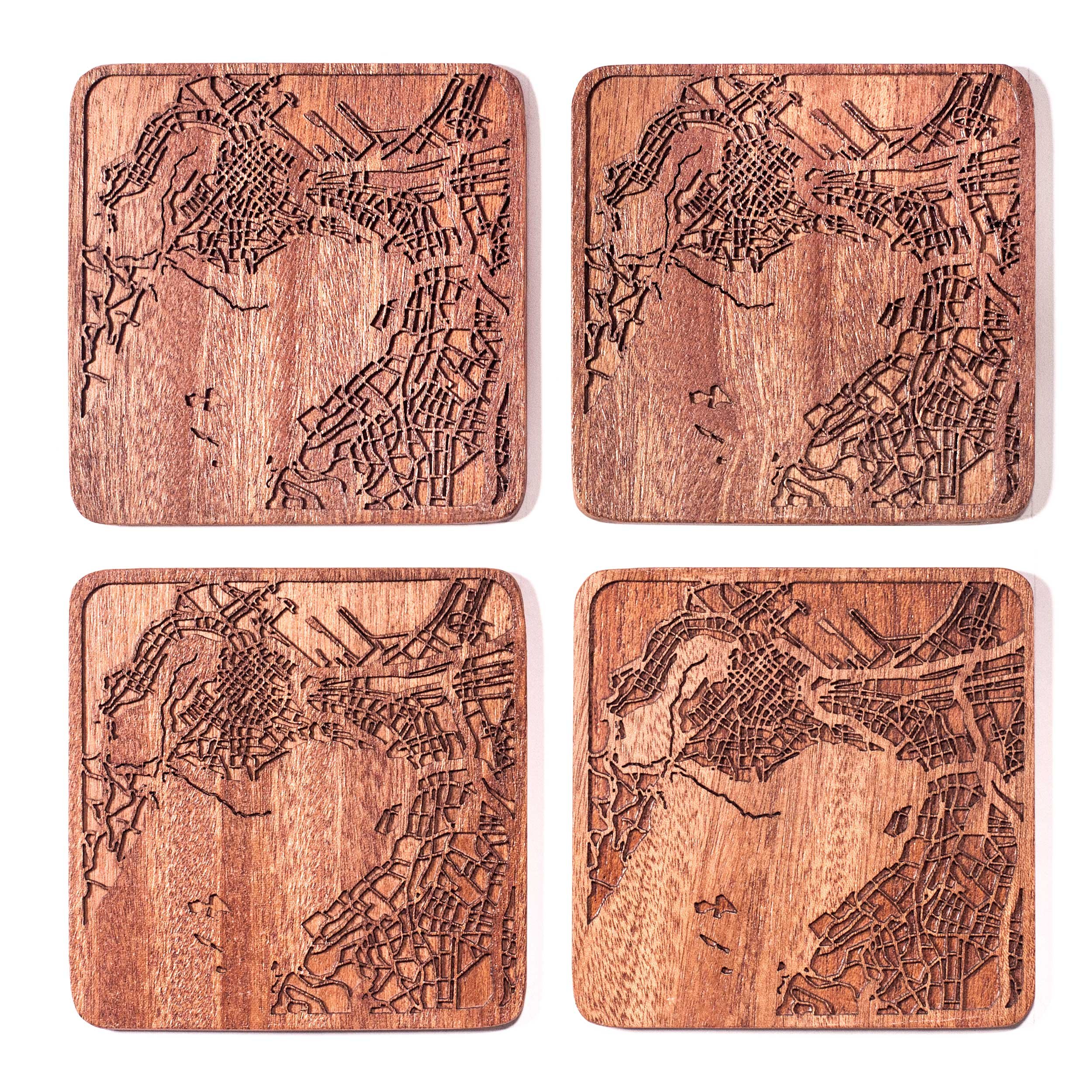 Cape Town Map Coaster, Set of 4, Sapele Wooden Coaster with City Map, Handmade
