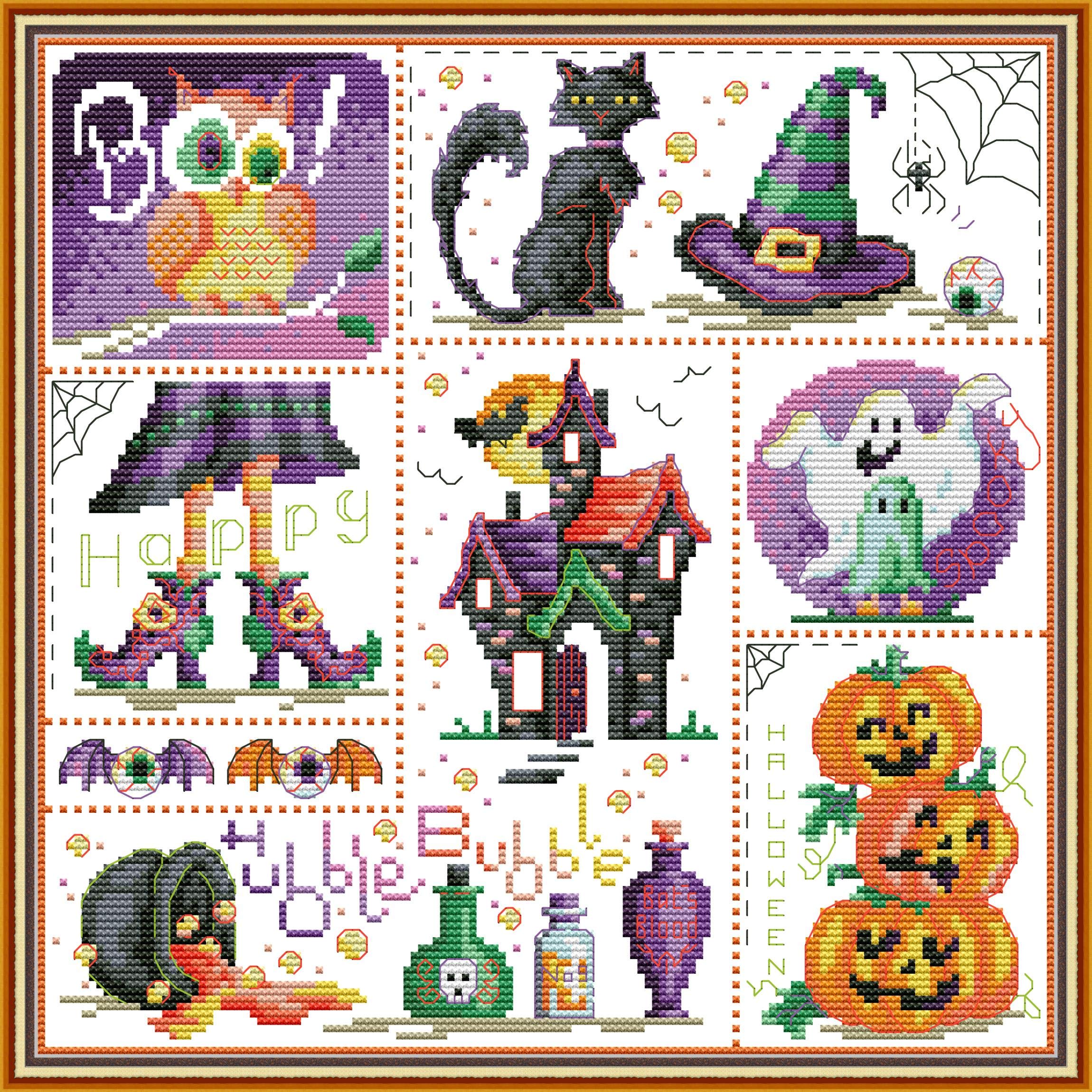 OWN4B Cross Stitch Kits Stamped, Halloween Printed Pattern 11CT 16.1x16.1 inch DIY Embroidery Kit