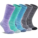 DOSKONI Women Hiking Crew Socks Running Athletic Thick Cushion Compression Moisture Wicking Walking Socks 5 Pairs