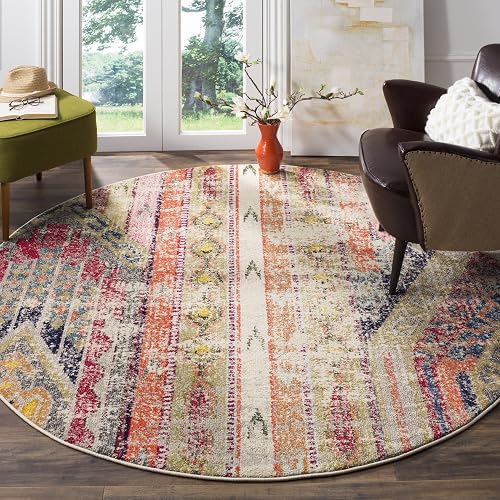 Safavieh Monaco Collection MNC222G Boho Chic Tribal Distressed Area Rug, 5' x 5' Round, Light Grey / Multi