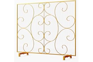Kingson Single Panel Decorative Flat Fireplace Screen Stand Alone Cover Handcrafted Durable Metal Mesh, Heat-Resistant Free Standing Fireplace Spark Guard Mesh 37.8" L x 8.8" W x 30.7" H Gold