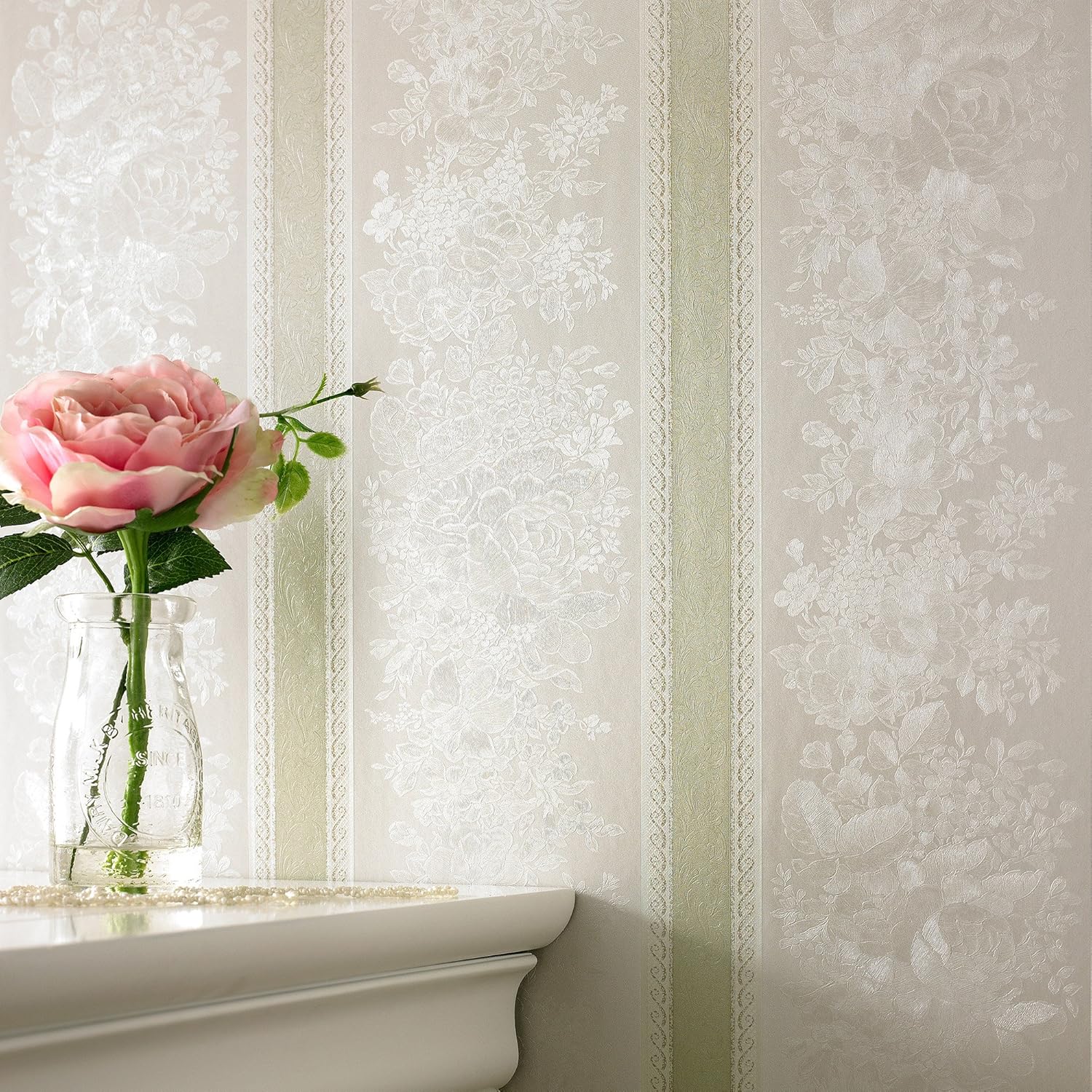 Super fresco Traditional Floral Stripe Green Shimmer Wallpaper 53032