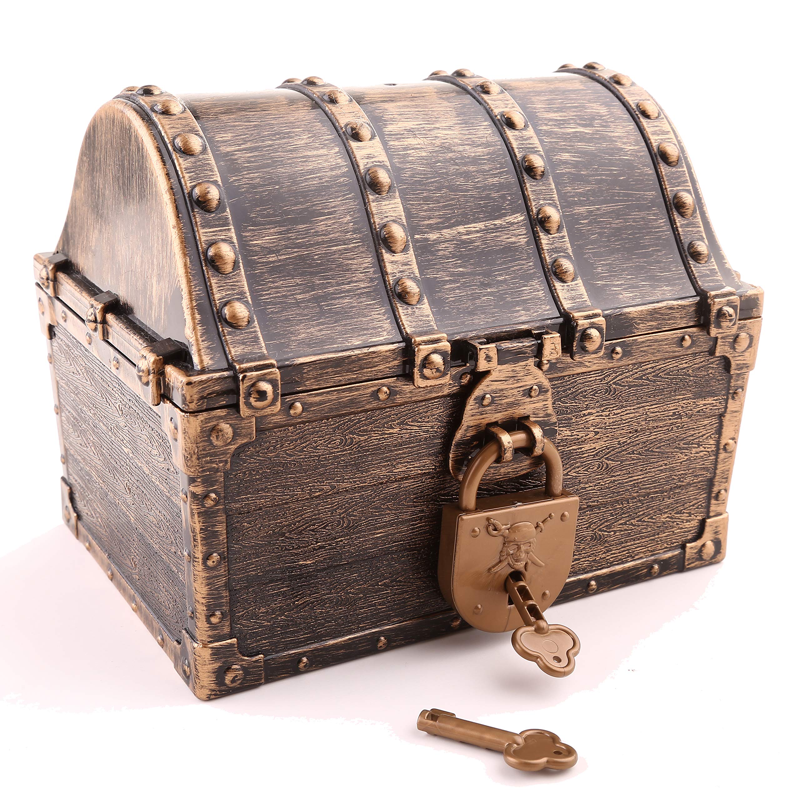 Sincere Party Large Size Portable Plastic Bronze Pirate Treasure Chest Pirate Party Goody Box,Teacher's Classroom Rewards Storage Box with 2 Locks & 4 Keys in Size of 16cmX12cmX13.3cm