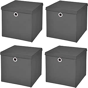 Caja de almacenaje, 28 x 28 x 28 cm, con tapa, gris oscuro, 4 unidades