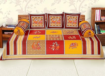 RajasthaniKart Maherab 6 Piece 144 TC Cotton Diwan Set - Red