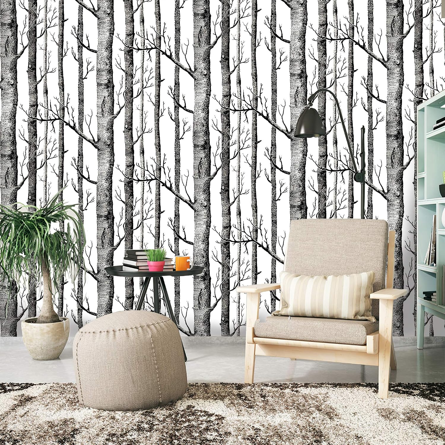 Ohmywor Self Adhesive Wallpaper Birch Tree Wallpaper Peel and Stick Black and White Vinyl Film Roll for Bedroom 45x600CM - Image 4