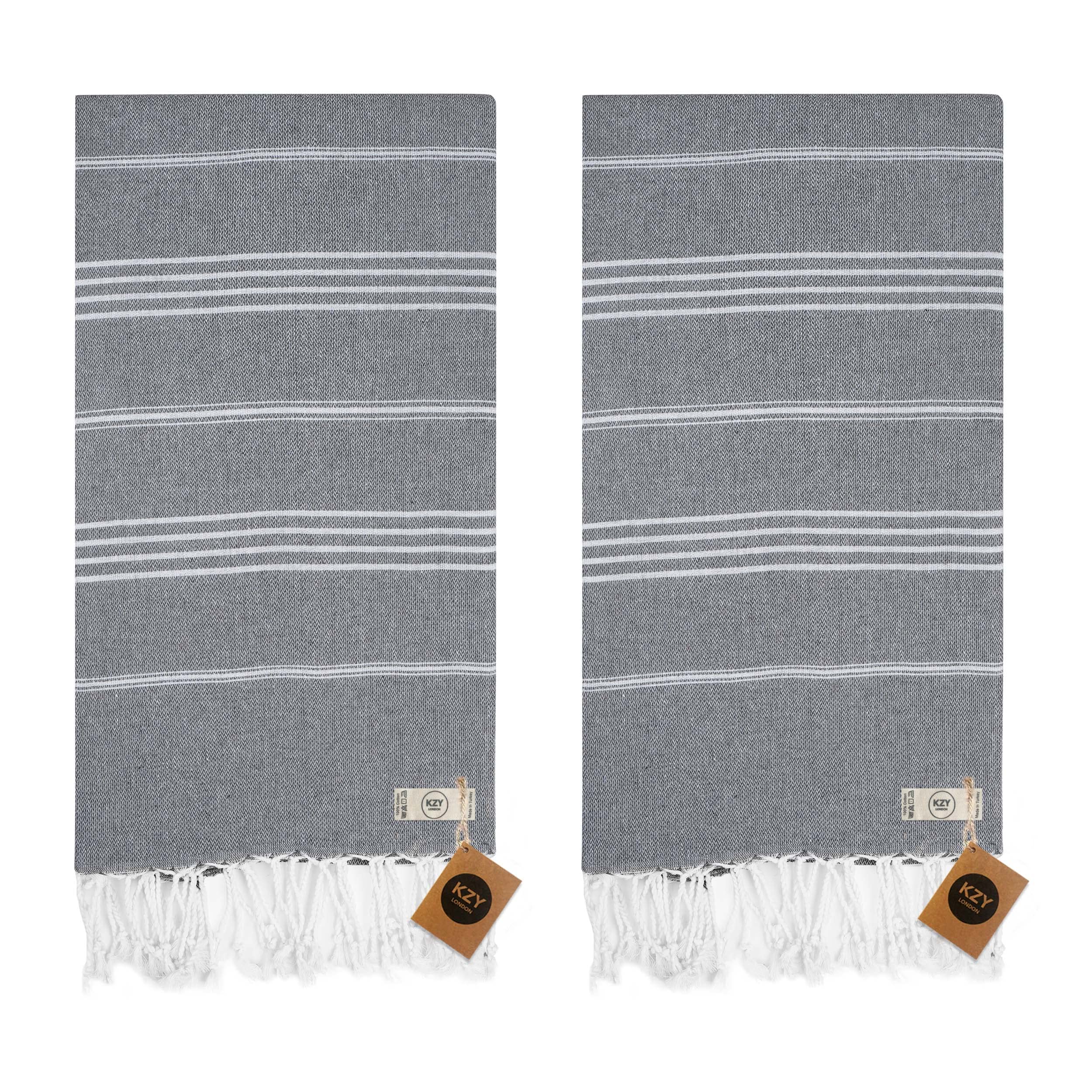 KZY LONDON Beach Towel 2 Pack Large Turkish Beach Towels for Camping, Swimming, Gym - Quick Dry, Absorbent, Lightweight,%100 Cotton 90x180cm Hammam Towels for Adults (2 Set, Dark Grey)