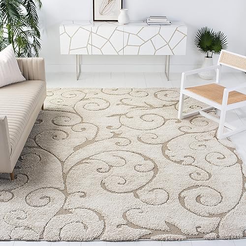 SAFAVIEH Florida Shag Collection SG455 Scrolling Vine Graceful Swirl Textured Non-Shedding Living Room Bedroom Dining Room Entryway Plush 1.2-inch Thick Area Rug, 6' x 9', Cream / Beige