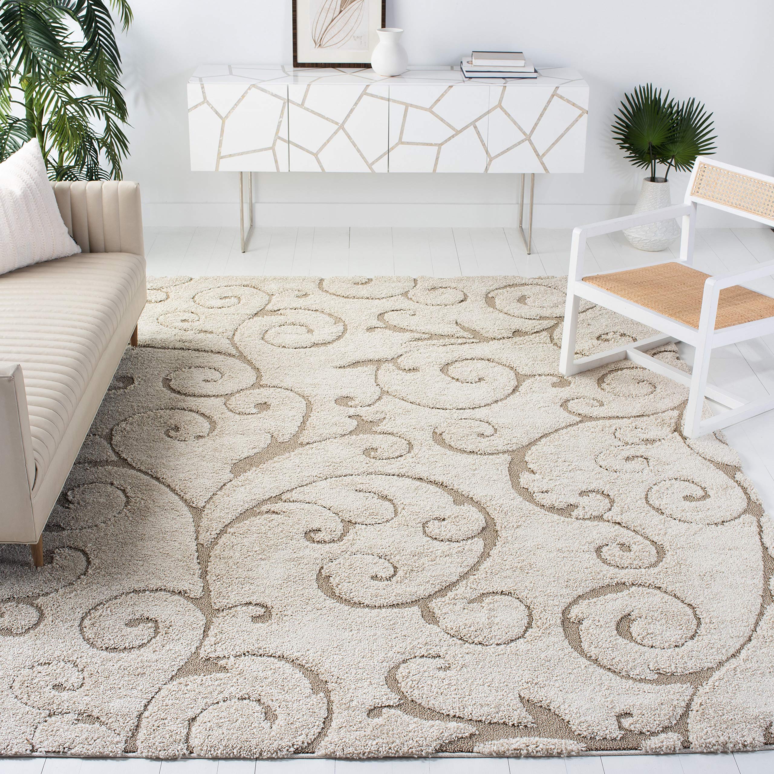 SAFAVIEH Florida Shag Collection SG455 Scrolling Vine Graceful Swirl Textured Non-Shedding Living Room Bedroom Dining Room Entryway Plush 1.2-inch Thick Area Rug, 6' x 9', Cream / Beige