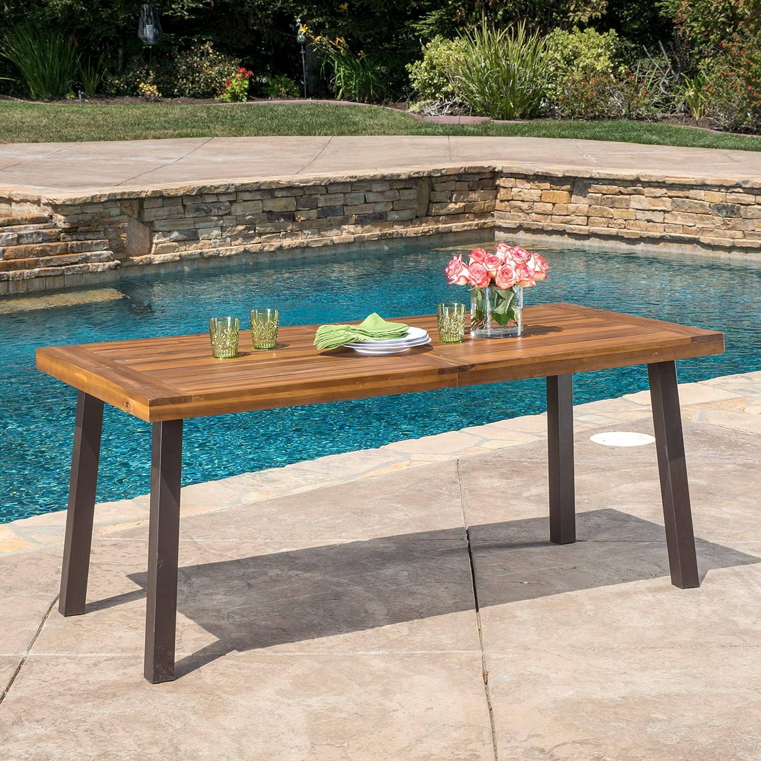 Christopher Knight Home Della Acacia Wood Dining Table, Teak Finish With Rustic Metal : Garden & Outdoor