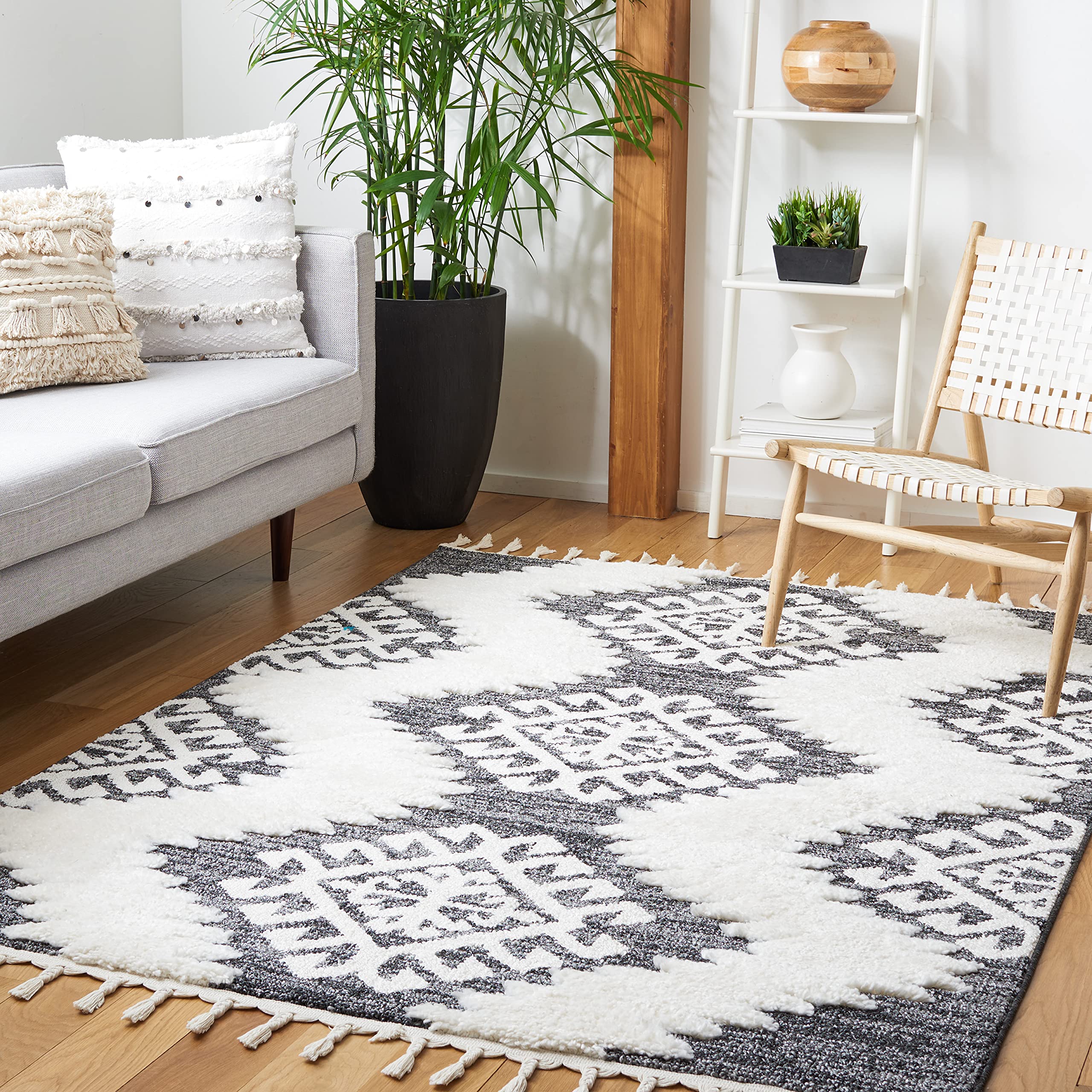 SAFAVIEH Moroccan Tassel Shag Collection Area Rug - 6'7" x 9'2", Dark Grey & Ivory, Non-Shedding & Easy Care, 2-inch Thick Ideal for High Traffic Areas in Living Room, Bedroom (MTS652H) Image SAFAVIEH Moroccan Tassel Shag Collection Area Rug - 6'7" x 9'2", Dark Grey & Ivory, Non-Shedding & Easy Care, 2-inch Thick Ideal for High Traffic Areas in Living Room, Bedroom (MTS652H) Image