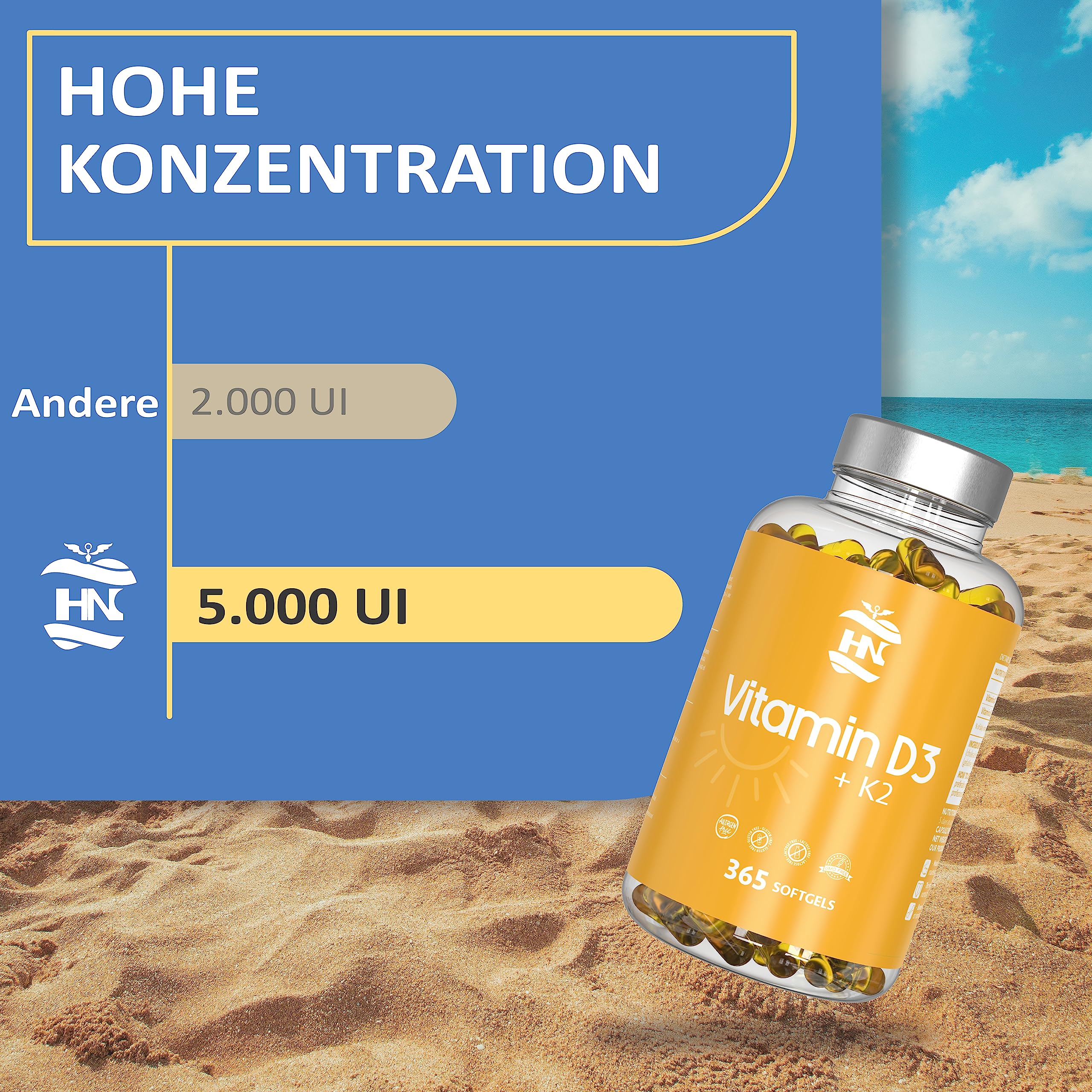 Vitamin D. (5000 IE) 365 Kapseln Vitamin D3 + K2 Hochdosiert Unterstützt Immun Und Knochenfunktion Hohe Konzentration Antioxidantien Antifettiga Weichkapseln Premium 4