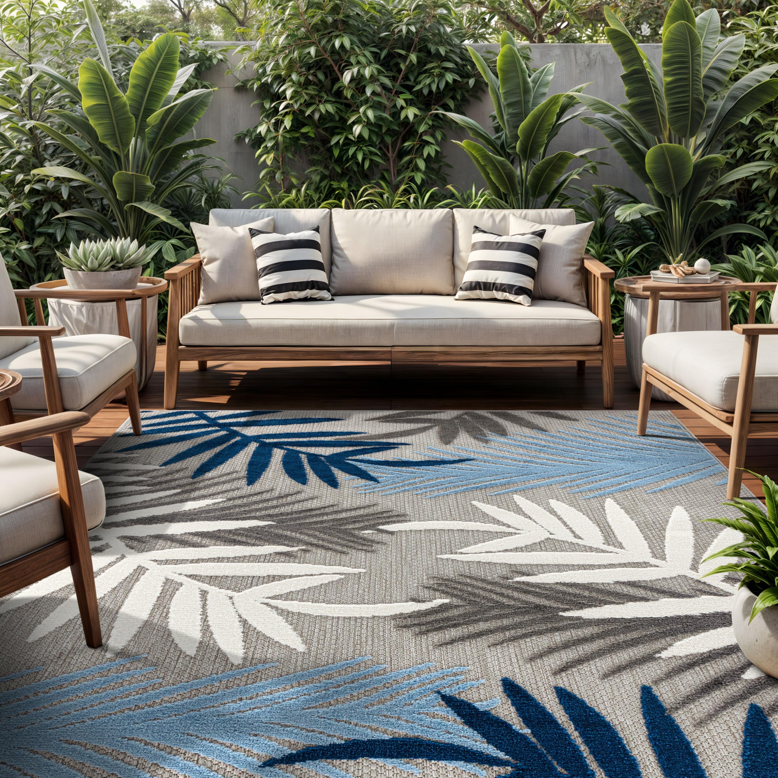 Photo 1 of Rugshop Blue Palm Frond Indoor/Outdoor Area Rug Easy Cleaning for Backyard, Deck and Outdoor Lounge, 10' x 14'