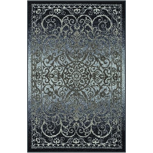 Non Skid Accent Area Carpet, Vintage Kitchen Rugs, Navy/Grey, 2ft6 x 3ft10