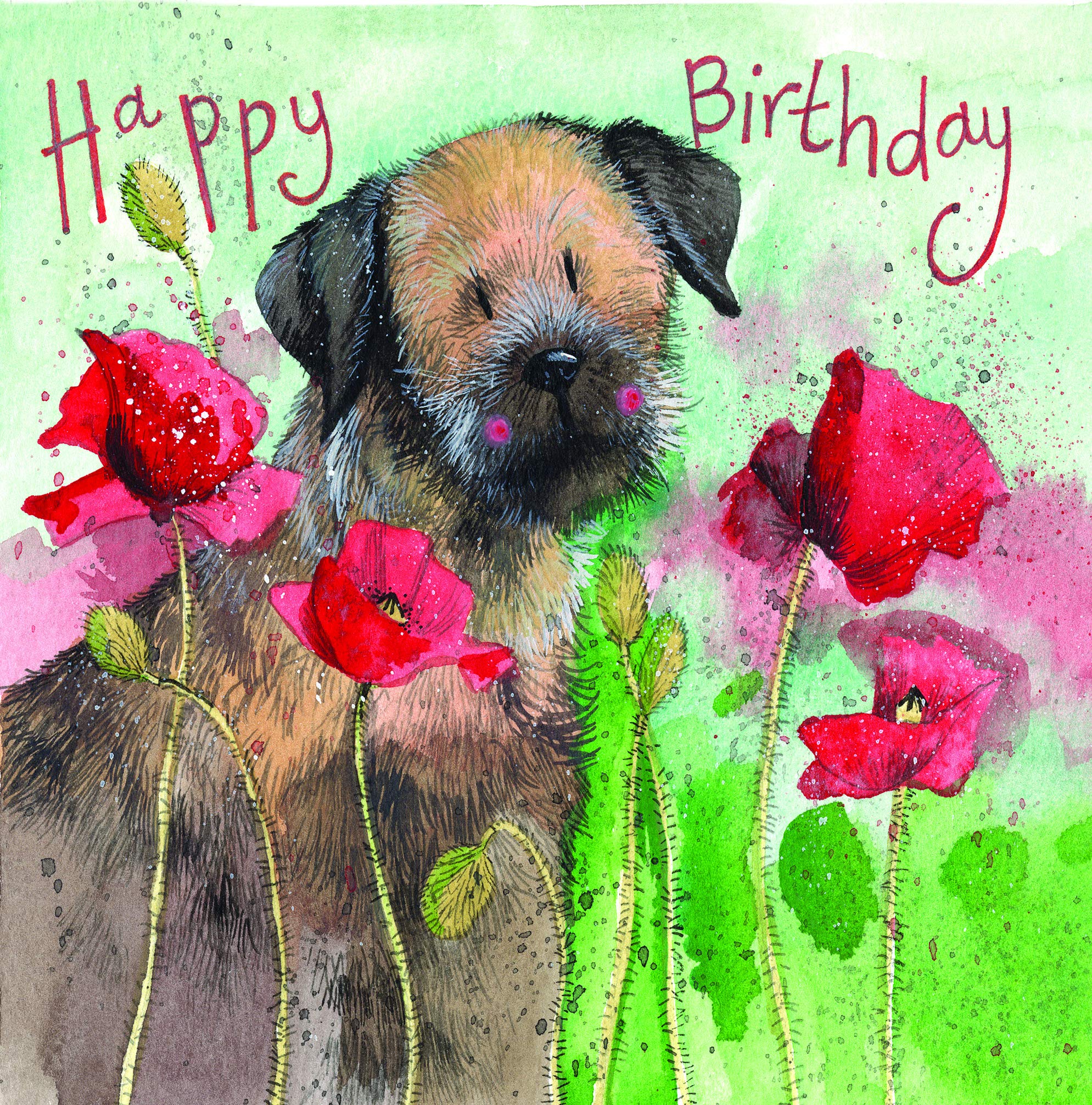 ALEX CLARK Border Terrier and Poppies Birthday Card - Watercolour - Art - Designed and Printed in UK