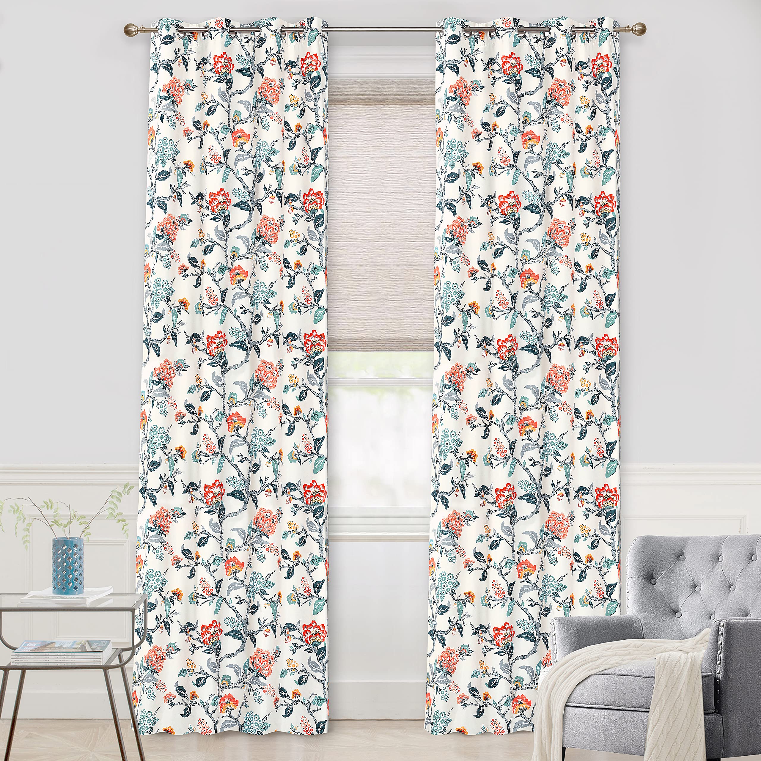 DriftAway Ada Floral Botanical Print Flower Leaf Lined Thermal Insulated Room Darkening Blackout Window Curtains 2 Layers Set of 2 Panels Each 52 Inch by 120 Inch Ivory Orange Teal