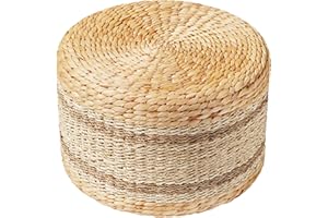 PrimeZone Patio Pouf Ottoman 18" D x 18" W x 12" H, Hand Woven Rattan Indoor Outdoor Footstool with Seagrass, Boho Round Poufs Footrest Floor Seat for Living Room Bedroom Porch, Natural, Stripe