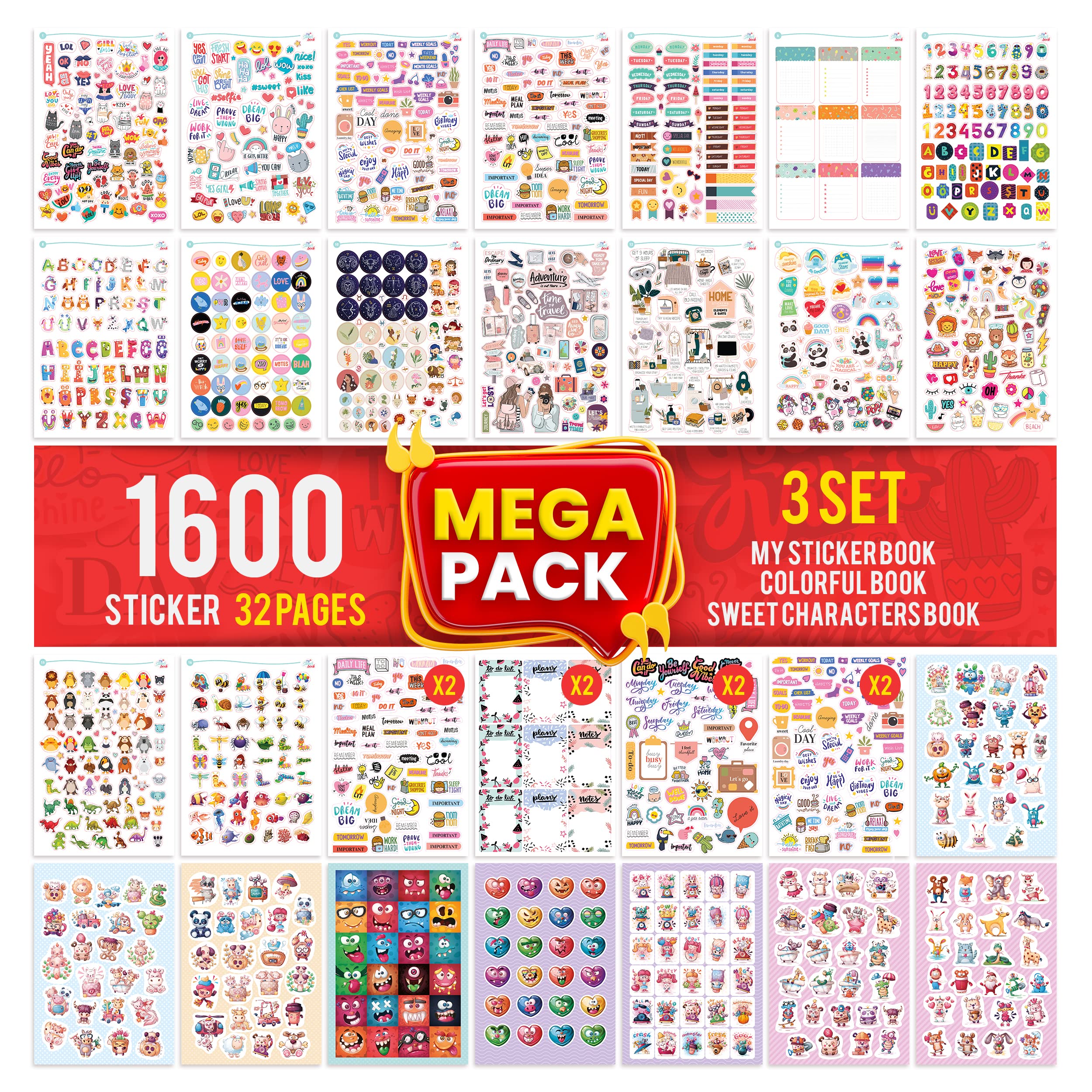colortouch Mega Sticker Pack - 1600 Pcs Scrapbook Stickers for Children, Adults, Kids, Girls - Bullet Journal Stickers Collection for Laptop, Planner, Calendar, Accessories, Supplies - Sticker Album — image 1