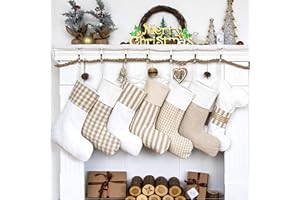 LUBOT Set of 6 +1 Dog Christmas Stockings(20inch) Plaid/Rustic/Farmhouse/Country Fireplace Hanging Canvas Handmade Xmas Stocking Decorations for Family Holiday Season Decor