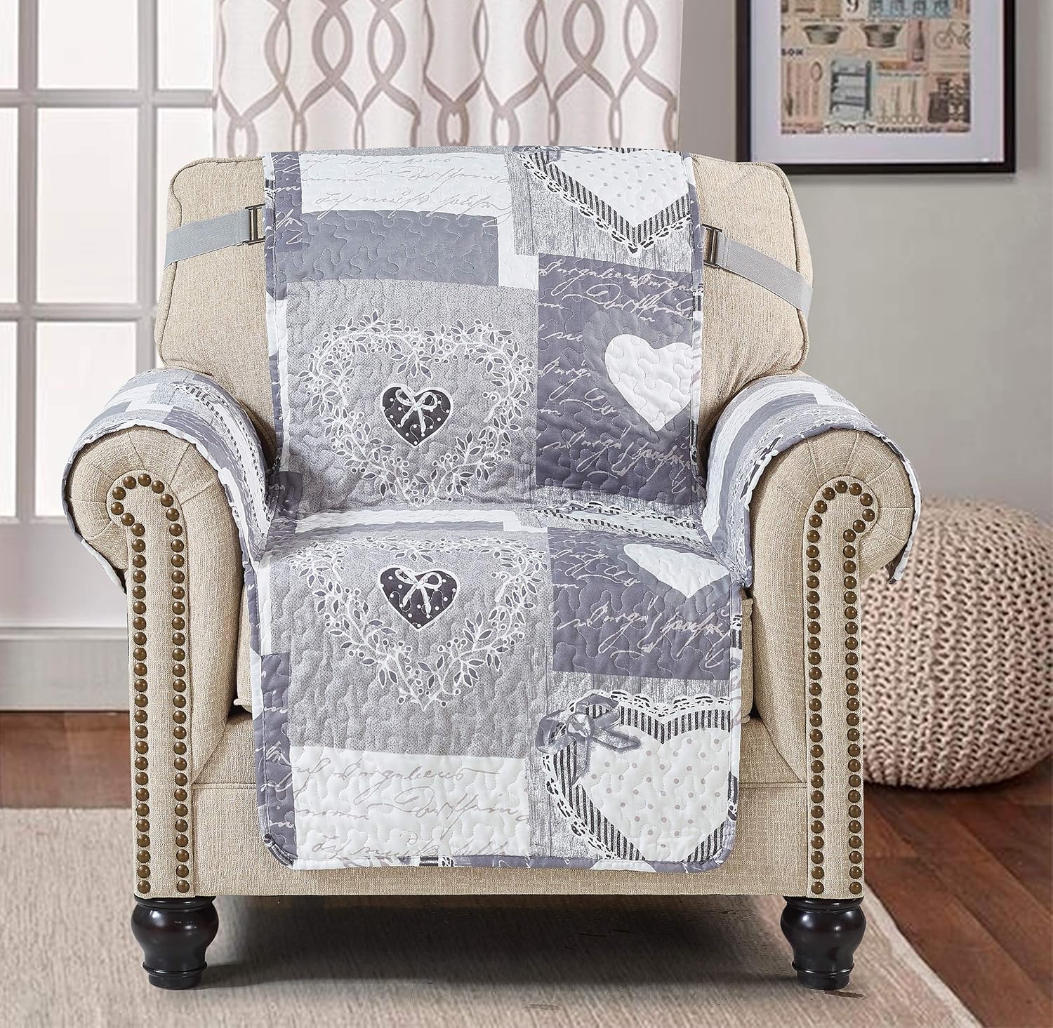 Sofa Chair Protector 23 Inch Patchwork Pet Proof Furniture Cover for Living Room Heart Love Print Reversible Quilted Scroll, Enhanced Strap, Machine Wash Arm Chair Slip Cover Not Leather, Grey/White