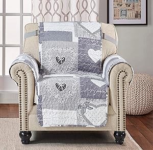 Sofa Chair Protector 23 Inch Patchwork Pet Proof Furniture Cover for Living Room Heart Love Print Reversible Quilted Scroll, Enhanced Strap, Machine Wash Arm Chair Slip Cover Not Leather, Grey/White