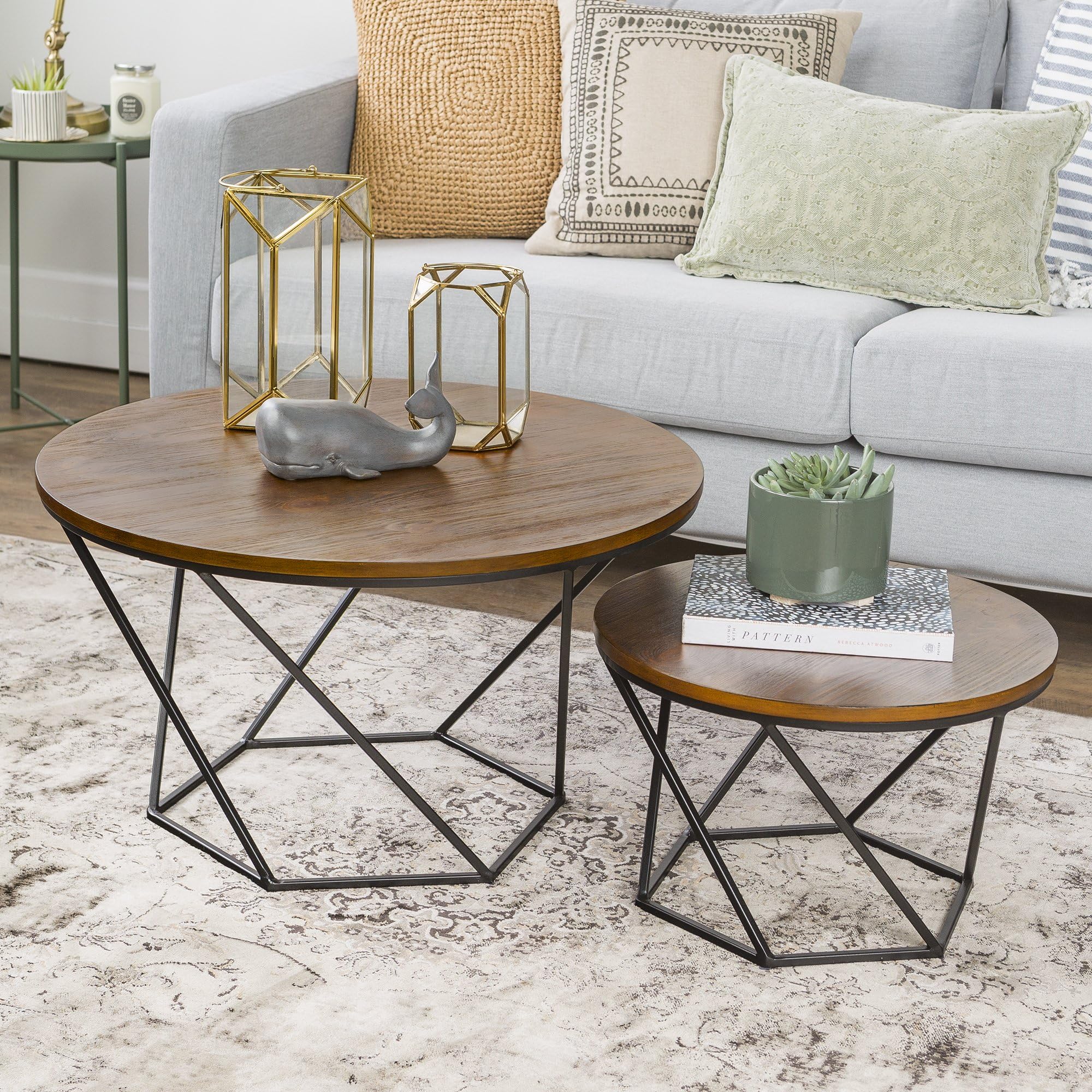 Eden Bridge Designs Mid Century Modern Wood Nesting Tables for Living Room Bedroom Home Office, Set of 2, Geometric Design, Wood, Oak/Black, 71x71x41 cm