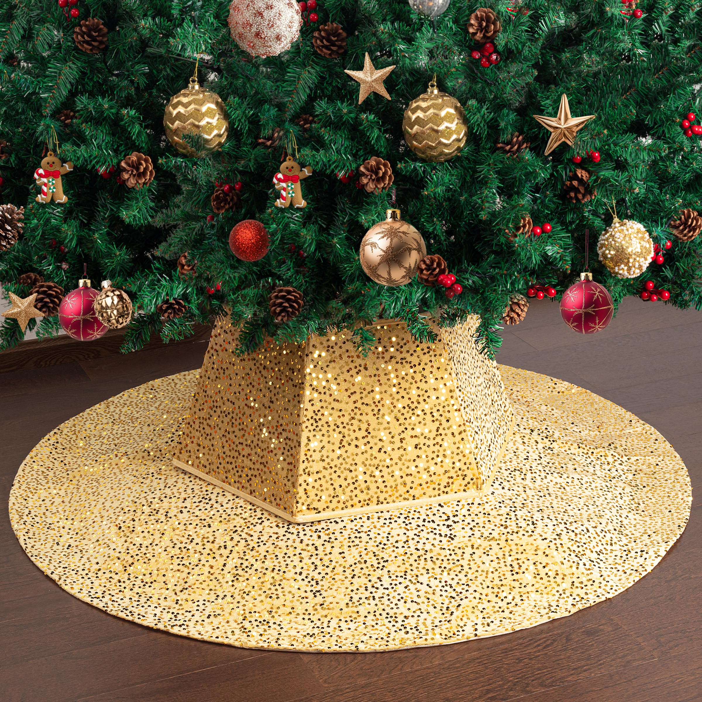 Photo 1 of ***(MINOR DAMAGE/ BENT COLLAR)***Mr. Pen- Sequin Christmas Tree Skirt and Tree Collar, 36 Inch Sparkly Base Cover, 24.8 Inch Foldable Sparkling Sequin Trees Skirt Collar, Gold Christmas Tree Skirt Gold Sequin Tree Skirt