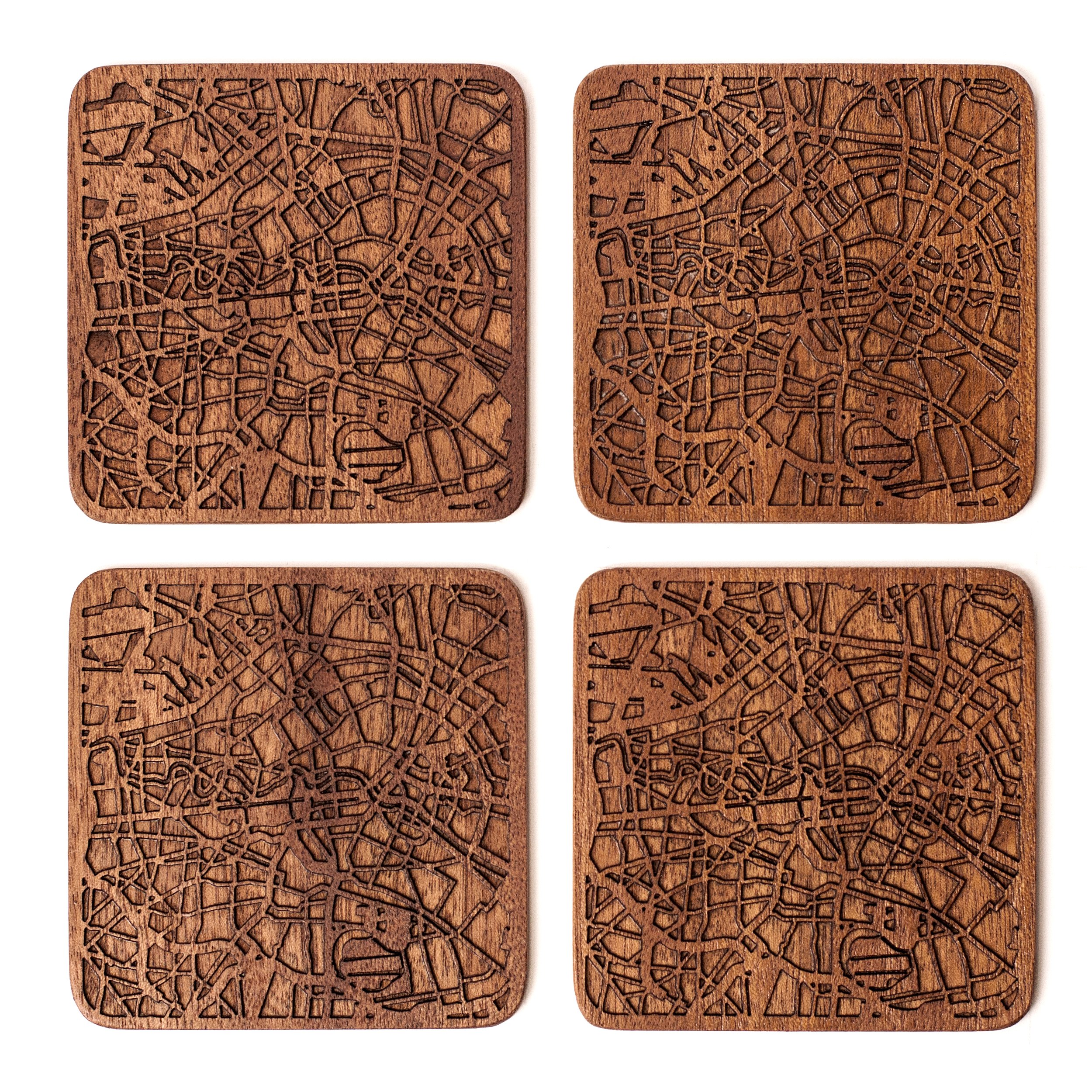 Berlin Map Coaster, Set of 4, Sapele Wooden Coaster with City Map, Handmade