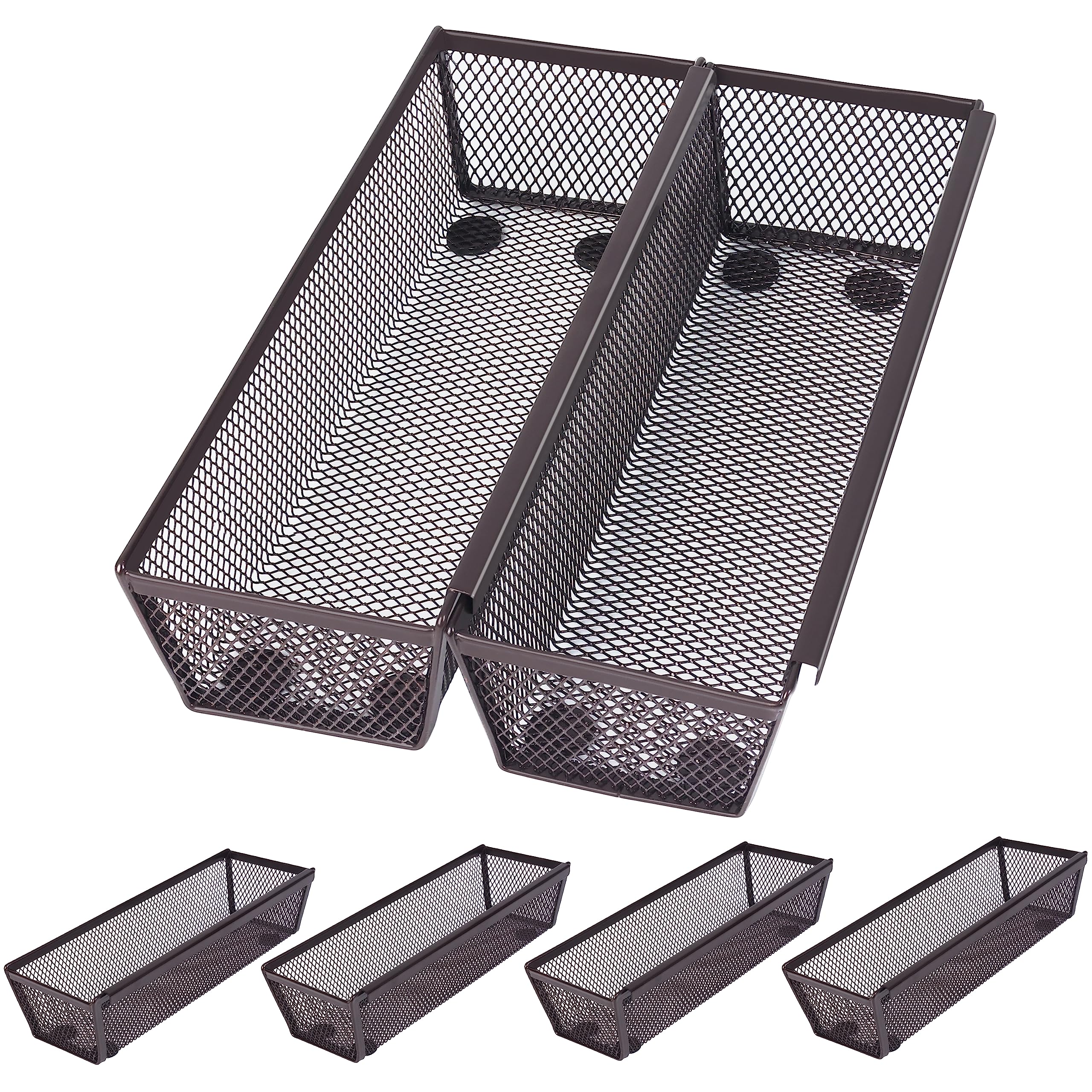 Winter Shore Bronze Mesh Storage Baskets [6 Pack] - Slim Kitchen Drawer Organiser with Interlocking Side & Non-Slip Rubber Feet - Expandable Wire Organizer Drawers for Utensils, Silverware, Cutlery