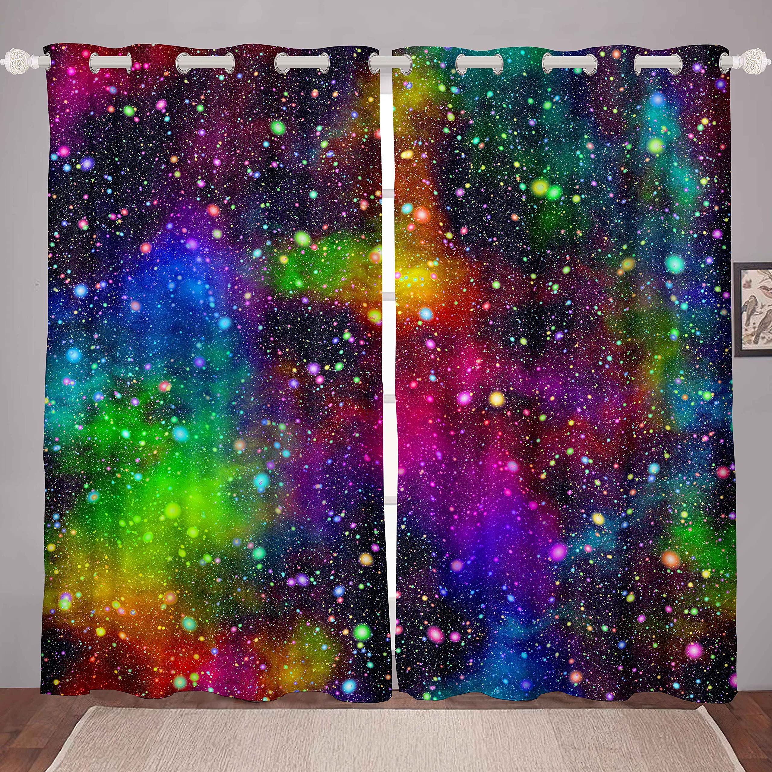 Colorful Galaxy Room Curtain Muilt Color Outer Space Curtain for Bedroom Universe Starry Sky Rainbow Nebula Curtain Kids Boys Girls Windows Drapes,W46*L54