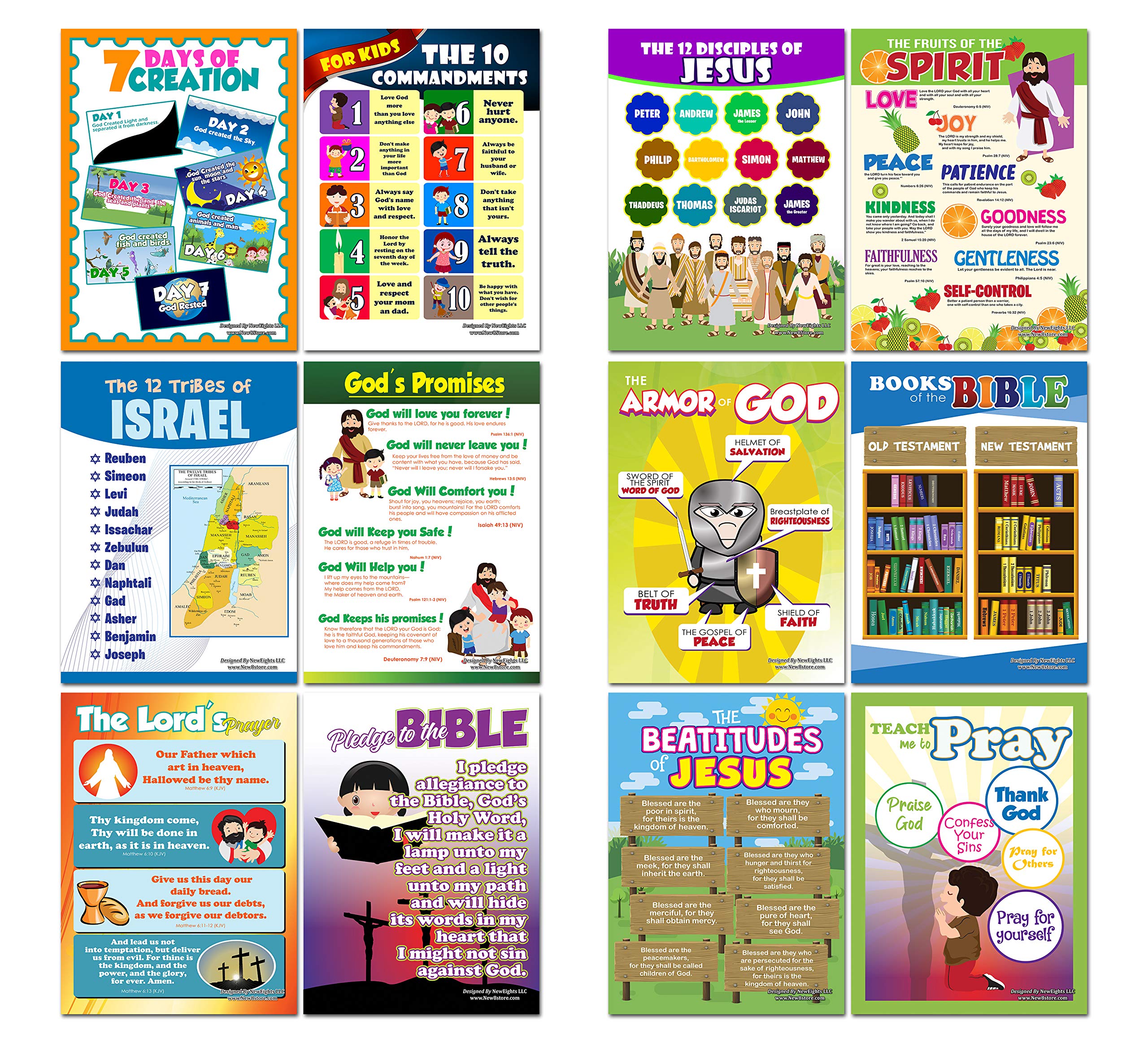 NewEights Christian Bible Educational Learning Posters for Kids (6-Pack with Front & Back designs) – Home Schooling Early Educational Charts for Kids, Boys, Girls – Premium Teaching Tool Set