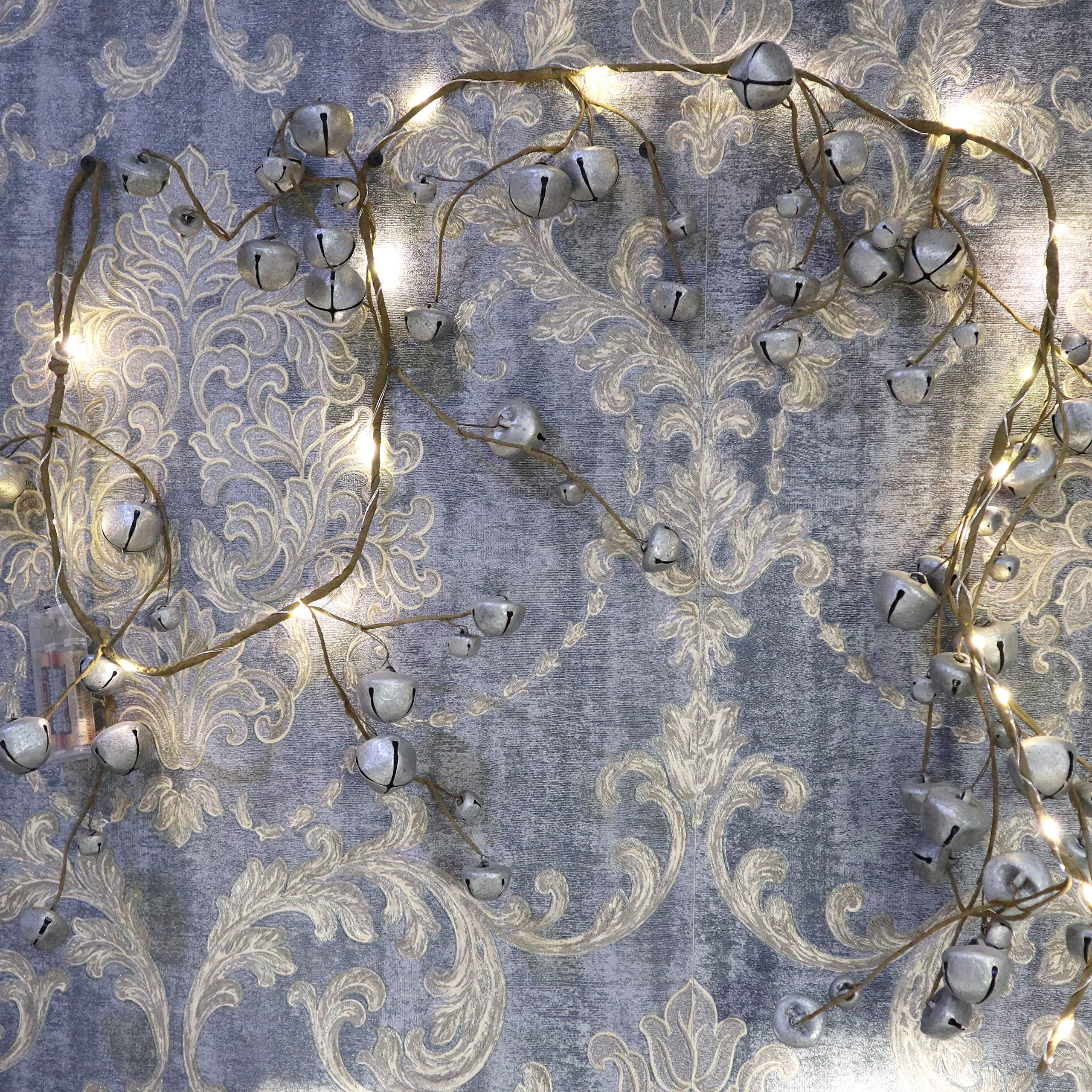 150cm Pre-Lit Hanging Garland Decorations Silver Bells with 20 Warm White LEDs Christmas Home Wall Door Jingle Xmas Holiday DIY Crafts
