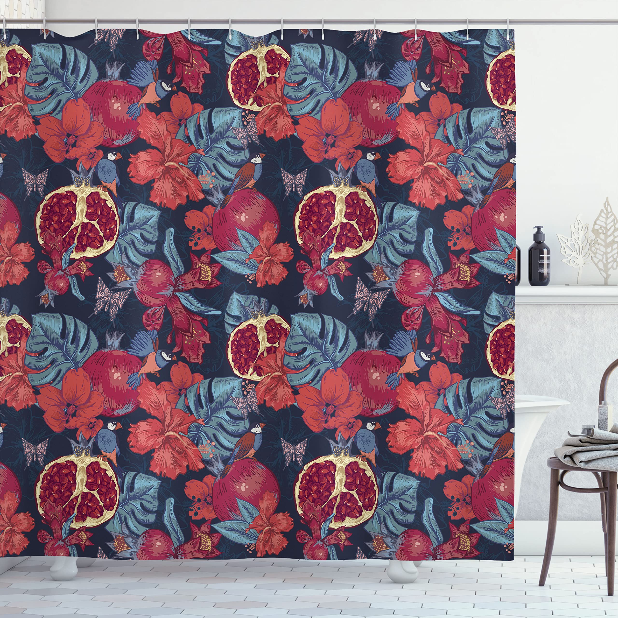 ABAKUHAUS Hawaiian Shower Curtain, Fruit Flowers Butterfly and Birds Pomegranate Vintage Organic Jungle, Cloth Fabric Bathroom Decor Set with Hooks, 175 x 200 cm, Ruby Maroon Dark Blue