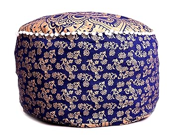 Blue Gold Ombre Mandala Printed Ottoman Seating Pouf Cove Cotton Handmade Footstools Cover by Handicraft-Palace