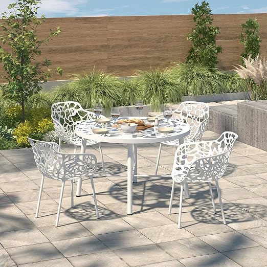 Amazon Com Leisuremod Devon Modern Aluminum Indoor Outdoor Stackable Side Dining Arm Chair Set Of 4 White Kitchen Dining