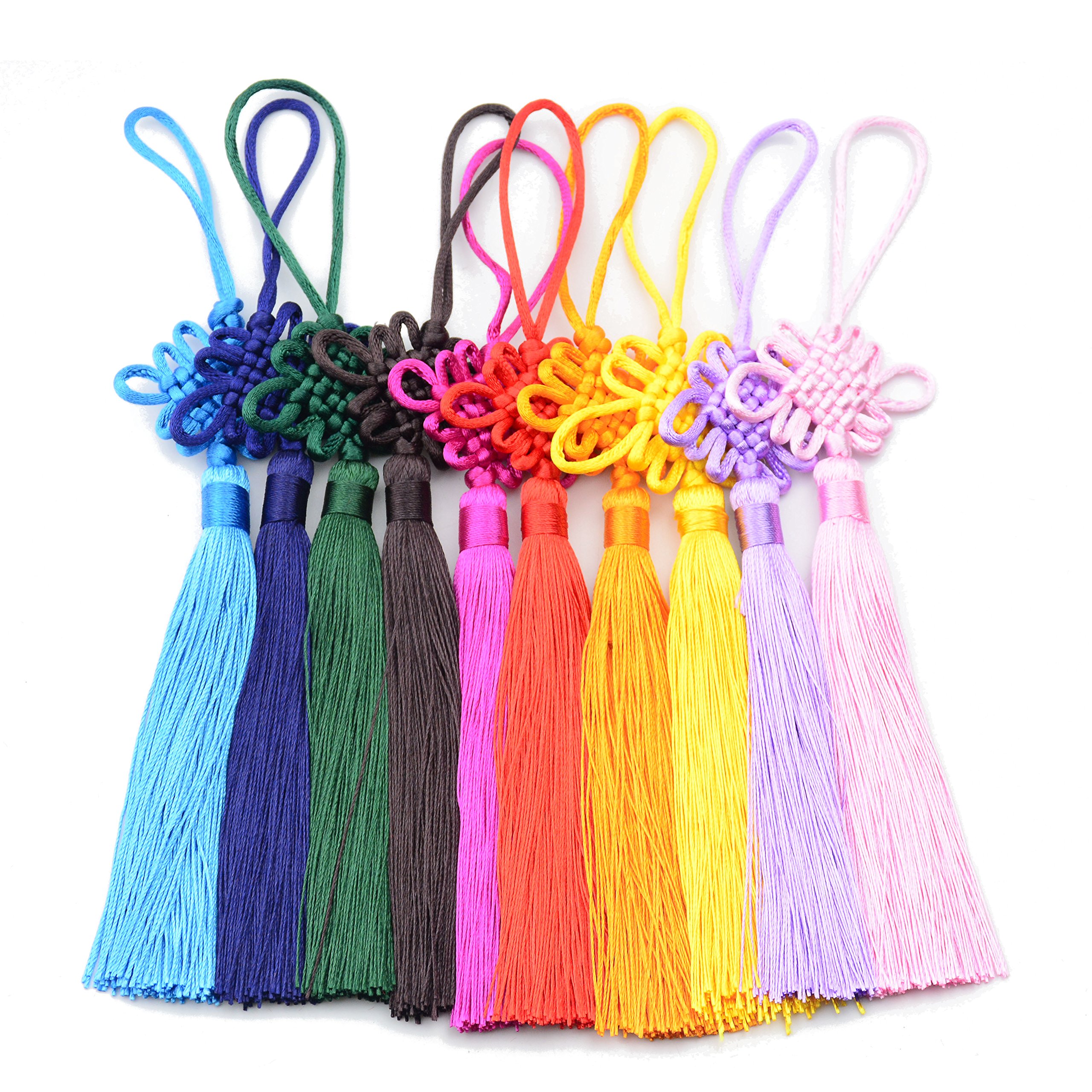 Makhry 10pcs 8.5 Inch Handmade Silky Floss Chinese Tassel with Satin Silk Made Chinese Knots for Door and Car Handing Decoration, DIY Craft (Mixed)
